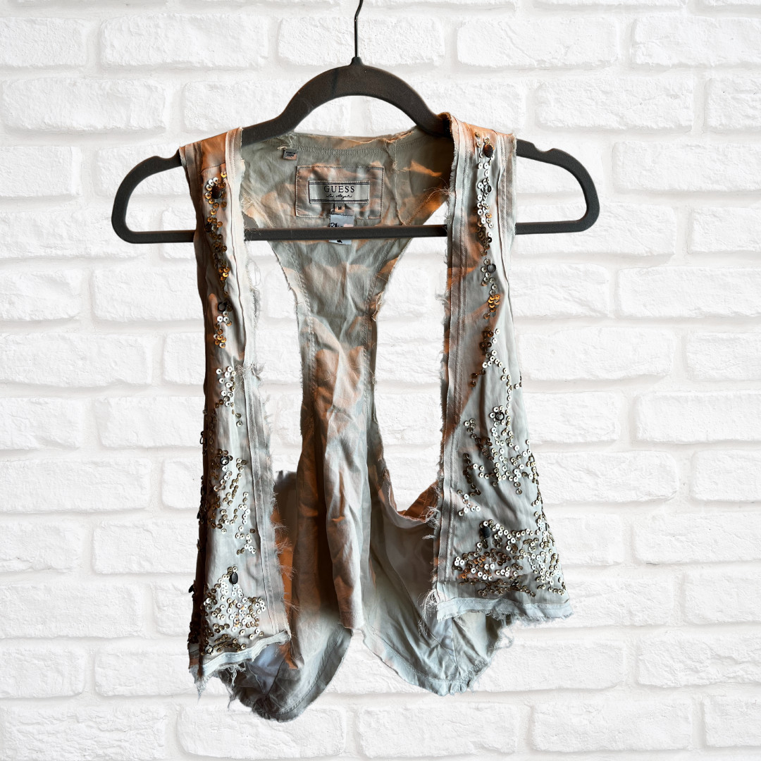 Guess Light Beige Cropped Vest, Distressed Sequin Bead Accent, Raw Edge, Medium
