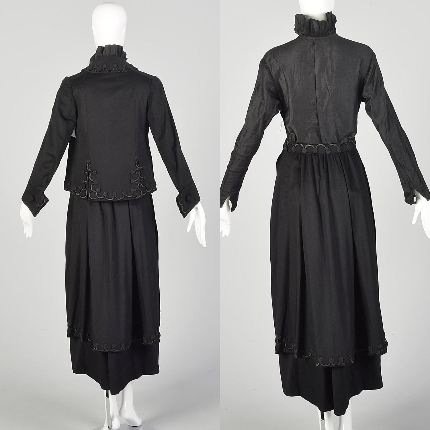 1910s Edwardian Walking Suit Black Wool Cotton Three Piece Ensemble Jacket VTG
