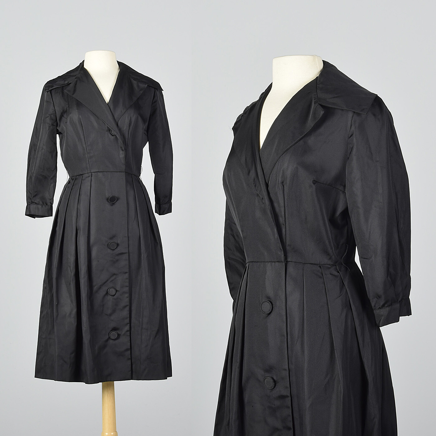 S 1950s Black Faille Dress Button Front Cocktail Party Evening Wear 50s Vintage