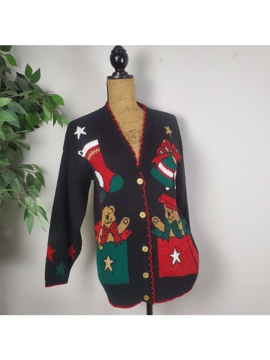 Vintage Christmas Sweater Womens Size Small Oversized Knit Cardigan
