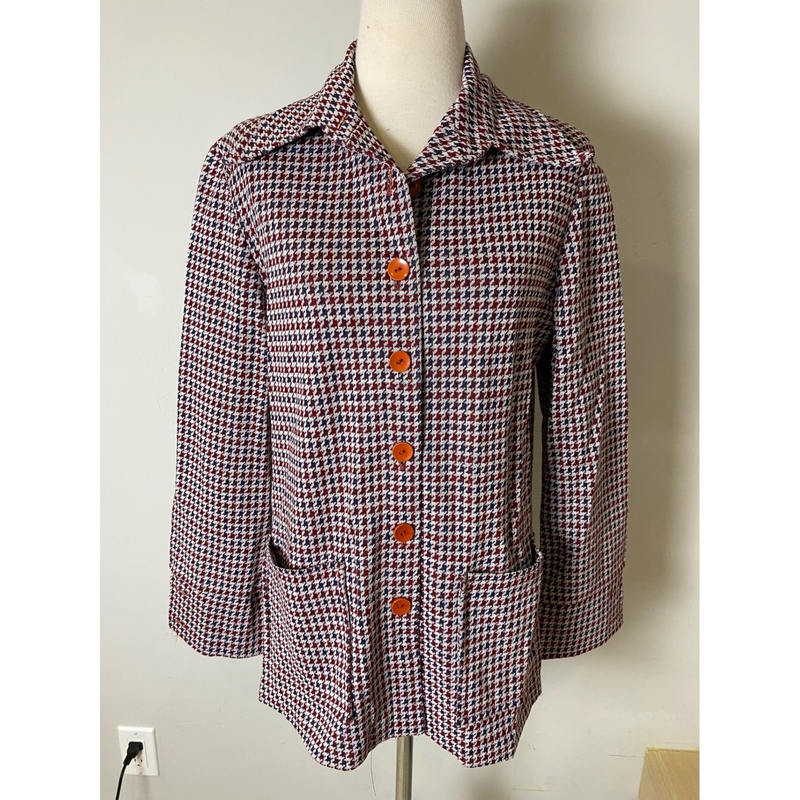 Vintage Tiger 1970s Houndstooth Knit Jacket Red White Blue Button Up Blazer