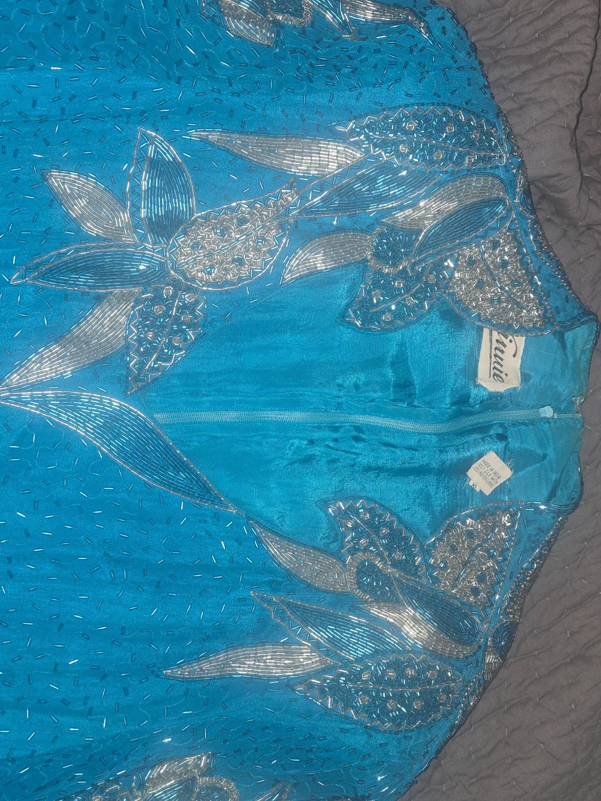 Vintage VINNIE Long Green, Teal, Silk Beaded Dress size XL