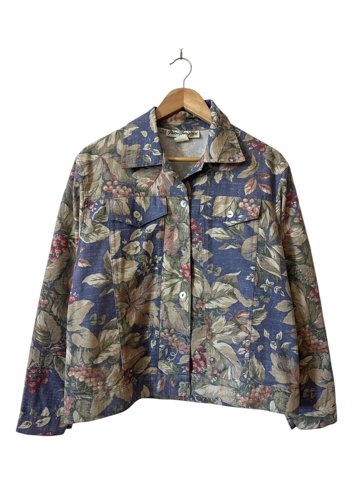 Vintage Norm Thompson Floral Lightweight Denim Jacket Size Medium All Over Print