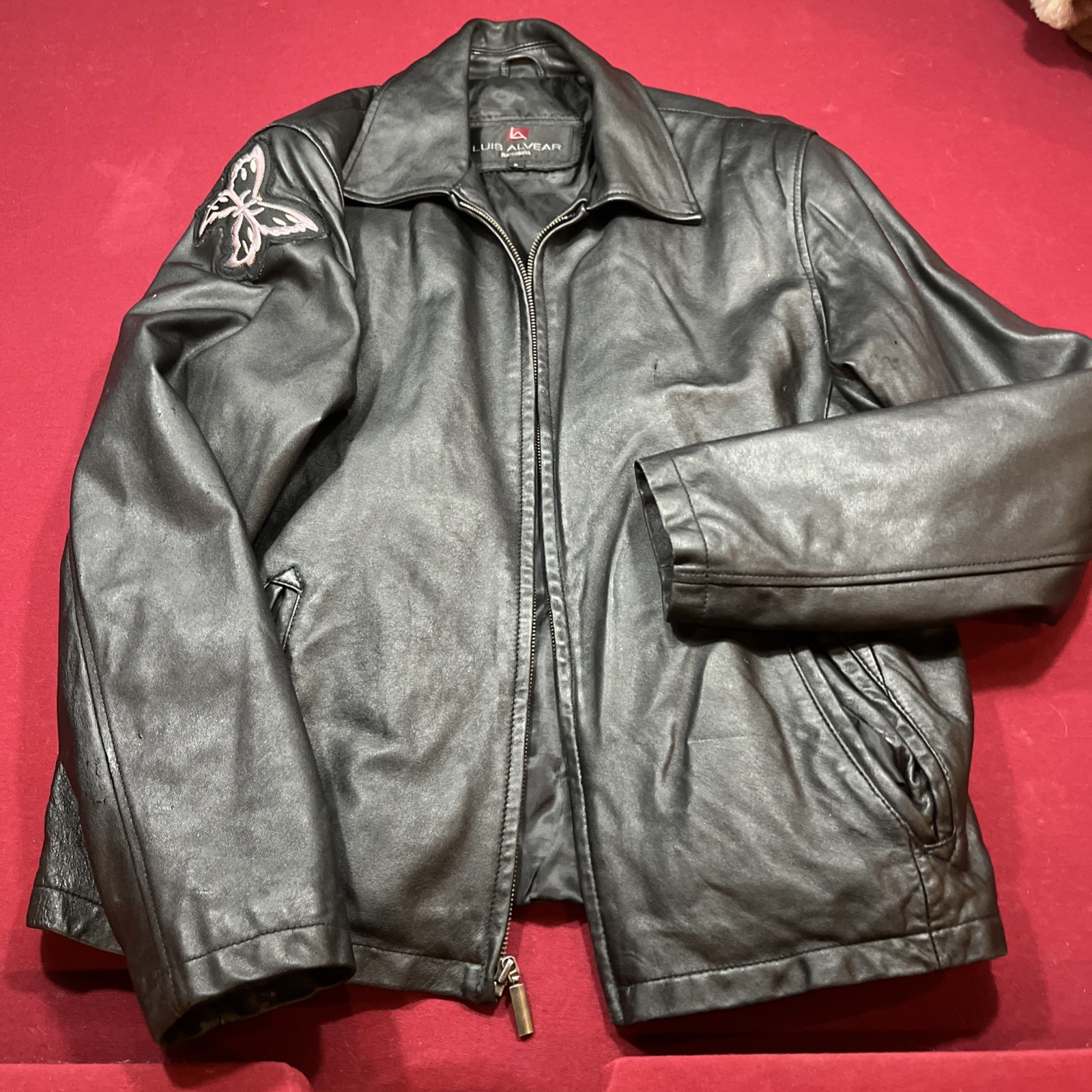 Luis Alvear Black Leather Jacket Zip Up Moto Biker Butterfly Arm Patch Women’s S