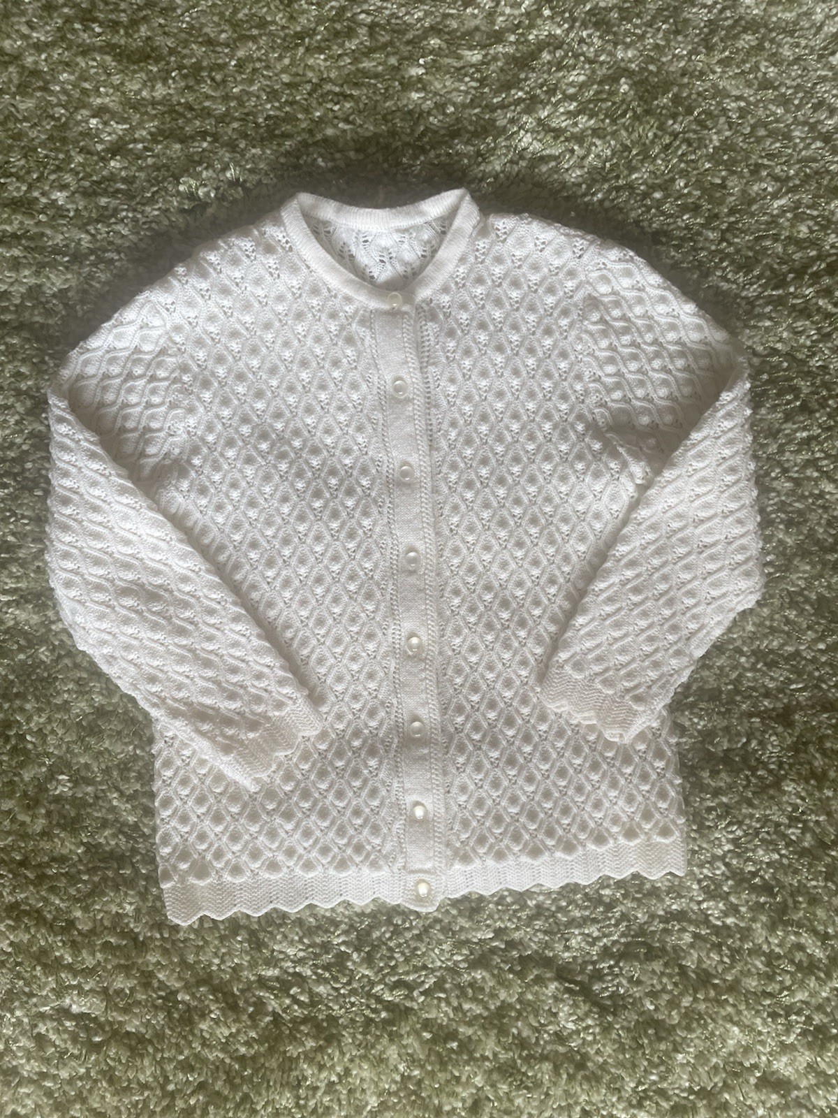Vintage Hand-Knitted Cardigan Sweater Pearl White Handmade Unsized Acrylic