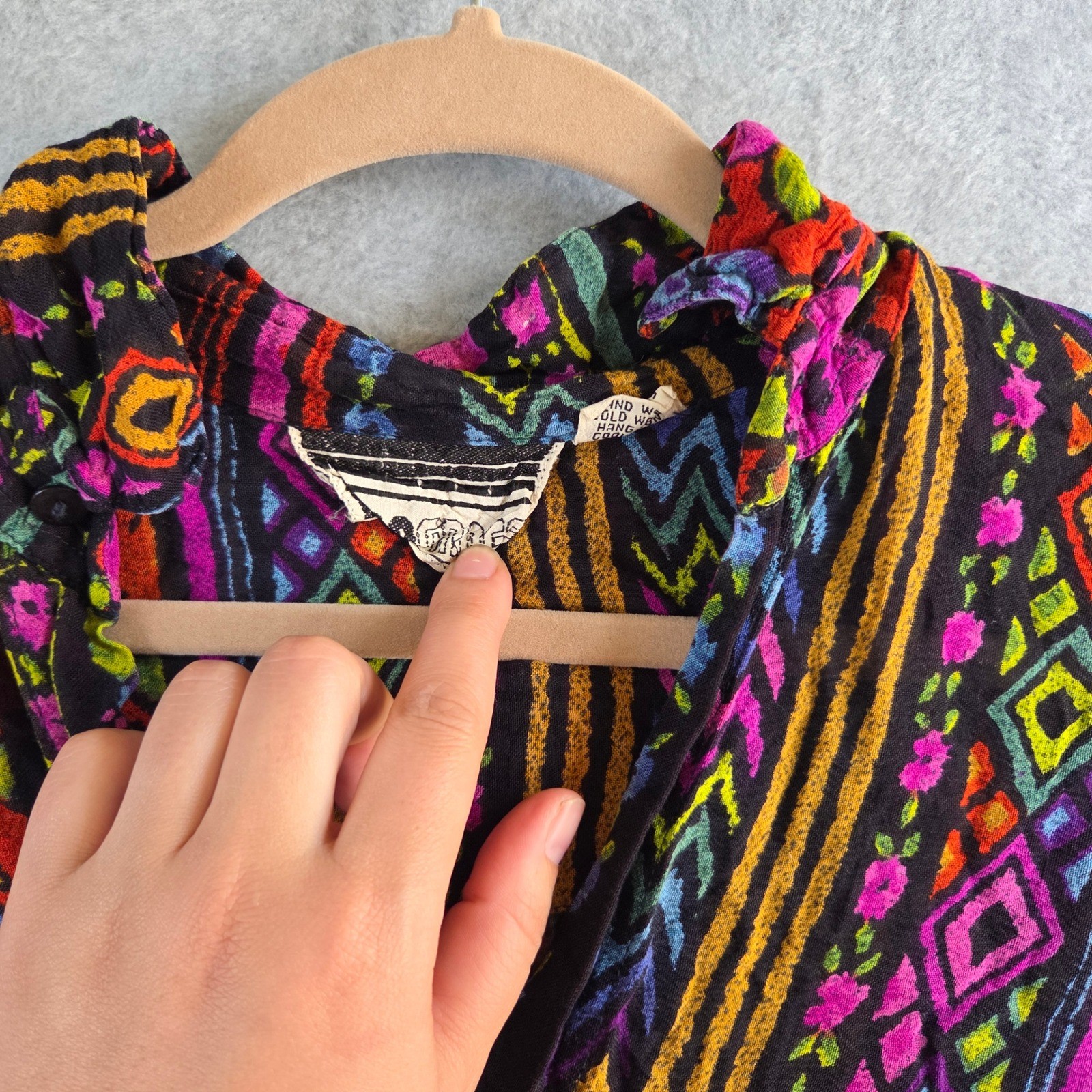 Vintage Rayon Button Down Shirt Womens Medium Multicolor Floral Geometric Nepal