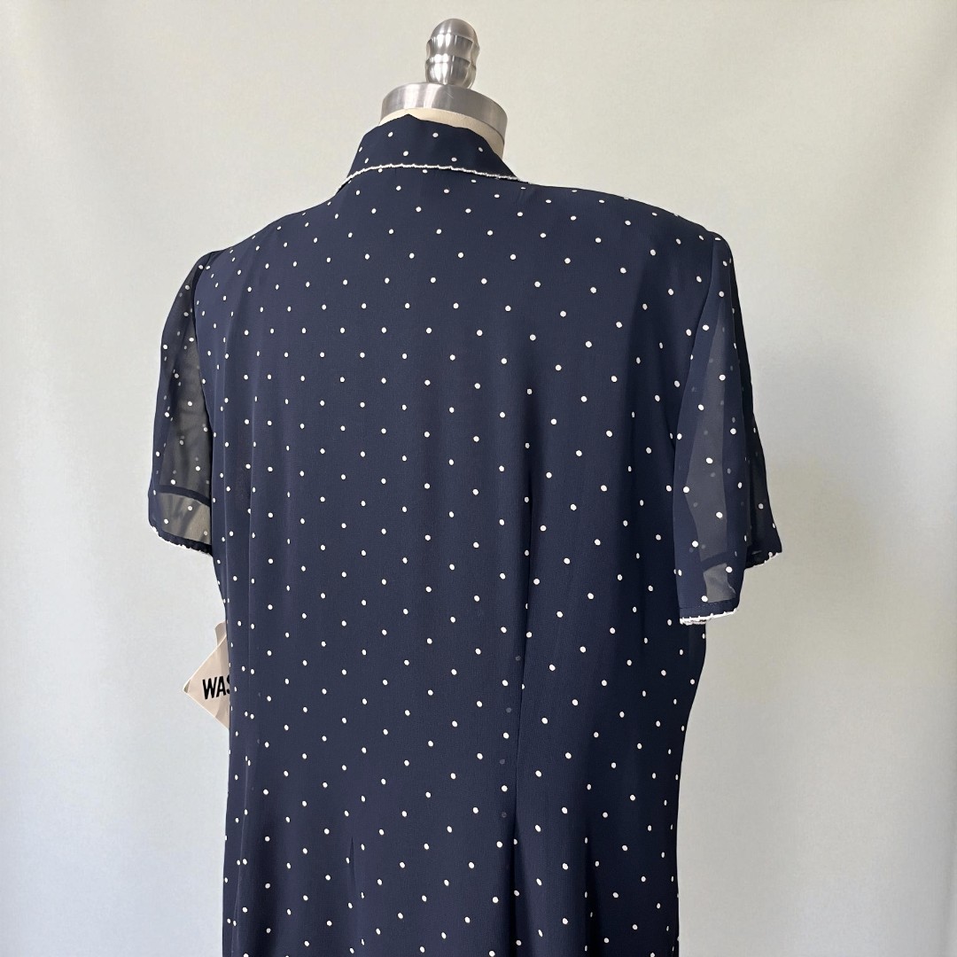 NWT VTG 90s Plaza South Coast 12P Maxi Navy Blue & White Polka Dot Shirt Dress