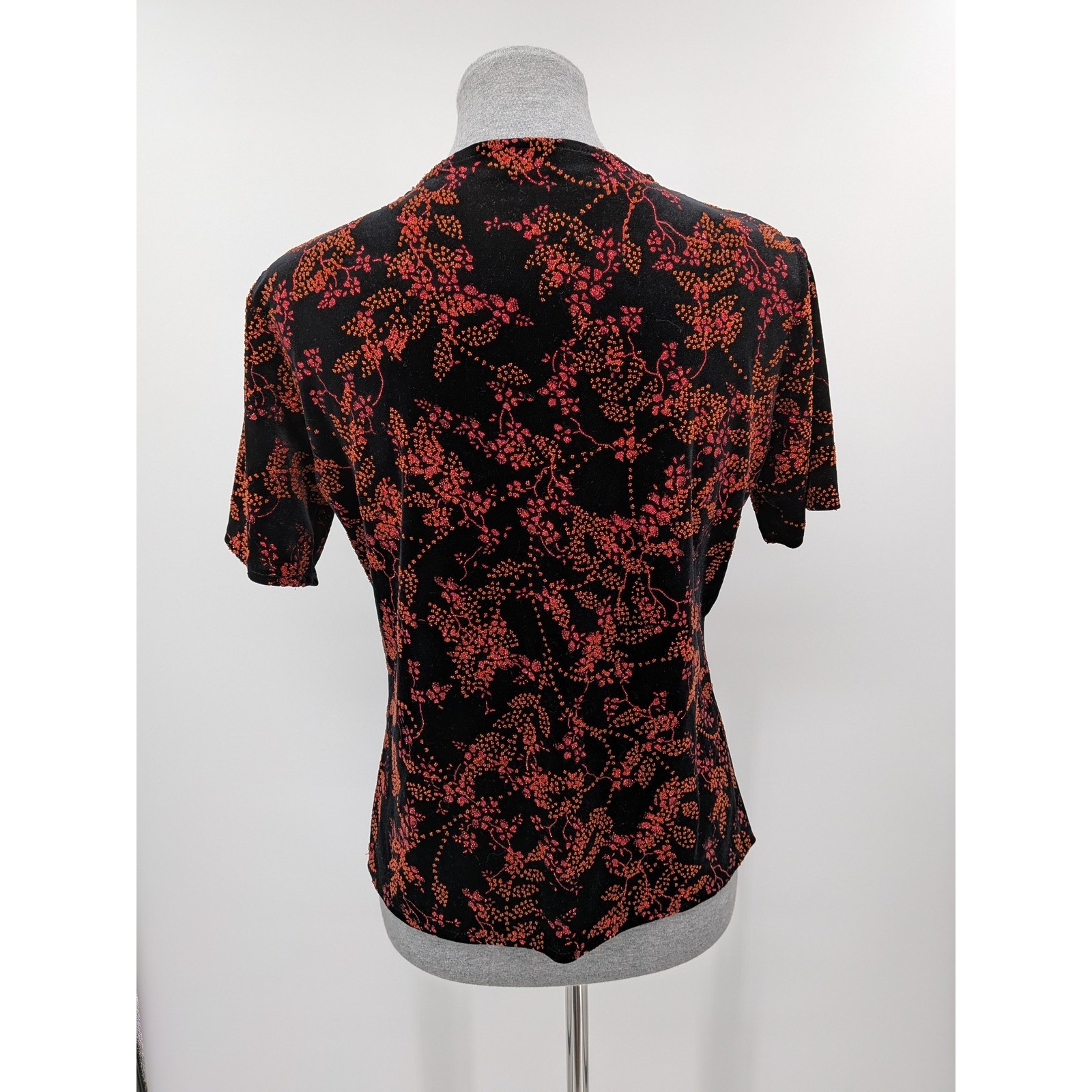 Whimsigoth Boho Glam Y2K Black Pink Glitter Floral Velvet Short Sleeve M/L Top