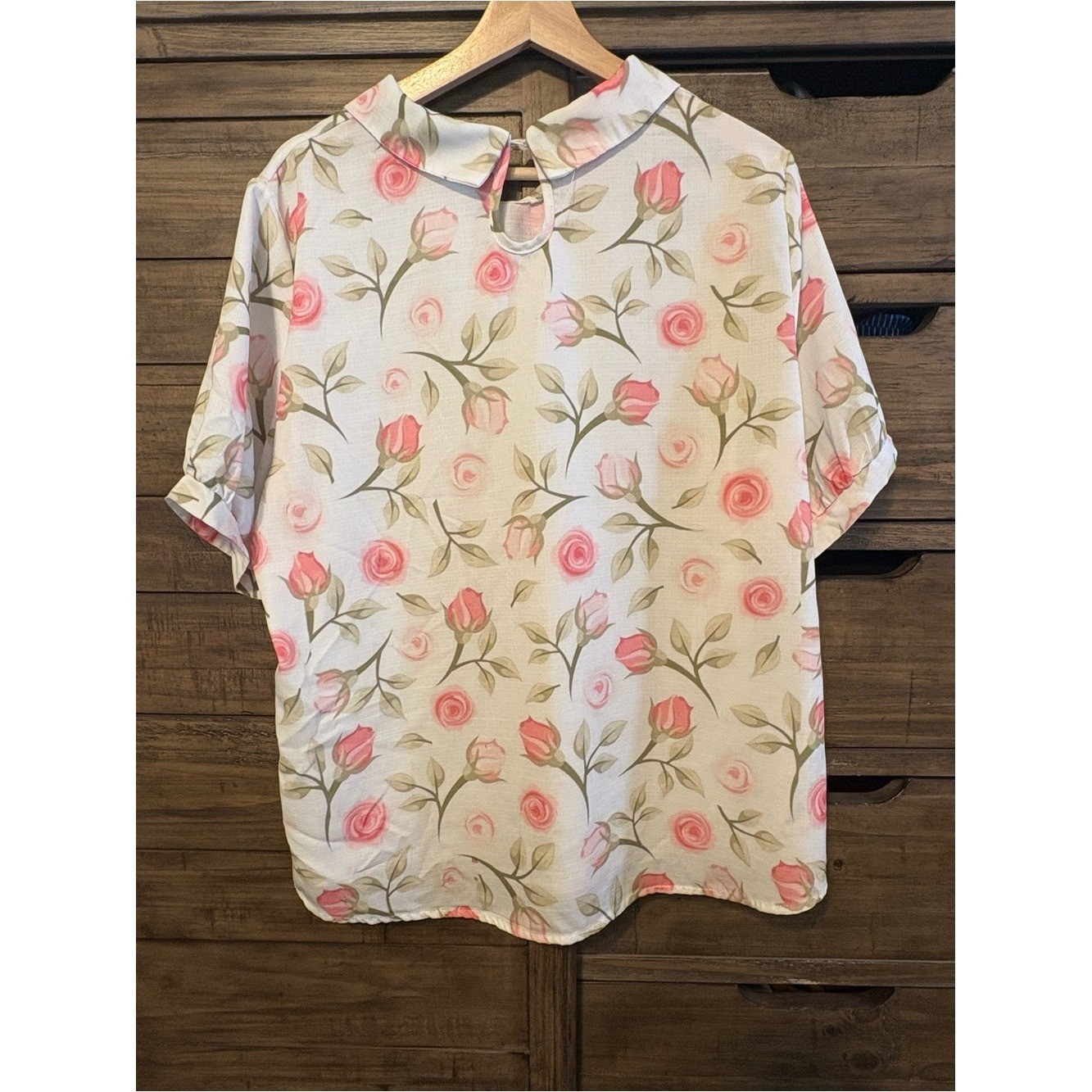 Vintage Style Pink Rose Floral Peter Pan Collar Blouse XL Cottagecore