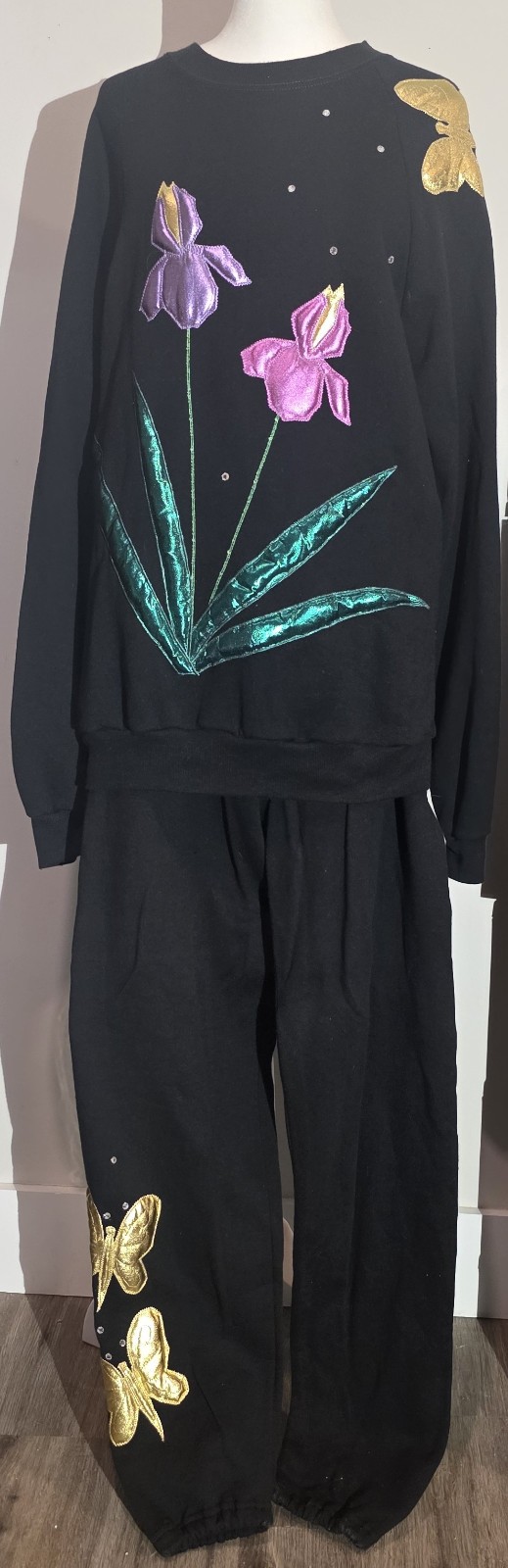 Vintage 1990s Black Sweatshirt & Pants Set Iris & Butterfly Large Grandma Core