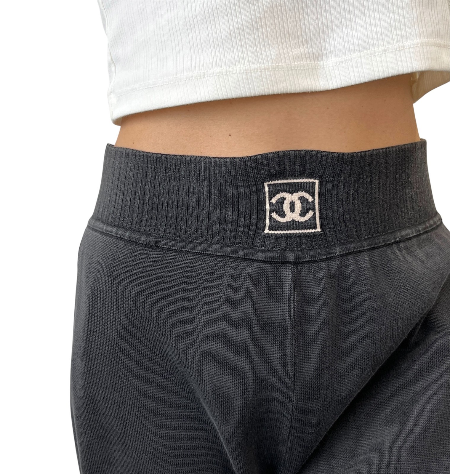 CHANEL Sport Vintage 03A CC Logo Wide Sweat Pants #42 Gray White Cotton 902069