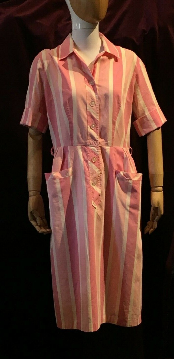 Lovely 1950 Style Pink & White Striped Cotton Collared Shirt Dress by Bayside