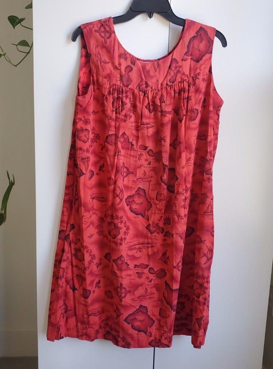 Vintage 40s Hawaiian Muumuu Dress Red Tiki Oasis Cotton House Robe Luau S M L XL