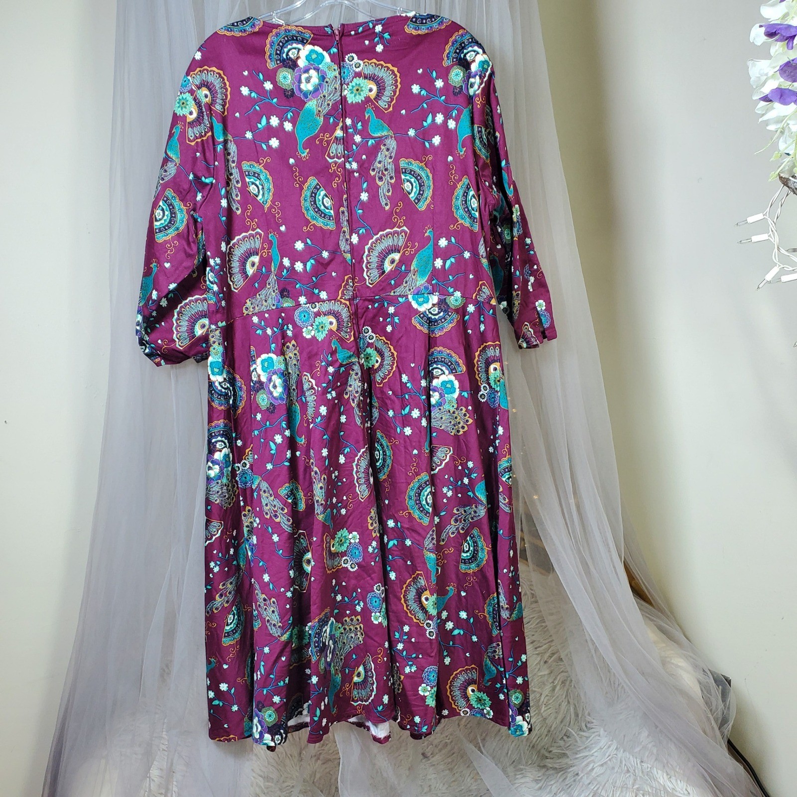 Retro Peacock Pin Up Twee Cotton Midi Dress Flare Party Special Occasion Size XL