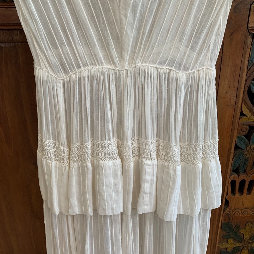 Antique Edwardian White Cotton Dress XXS Crochet Lace Lawn Tea Victorian Sheer