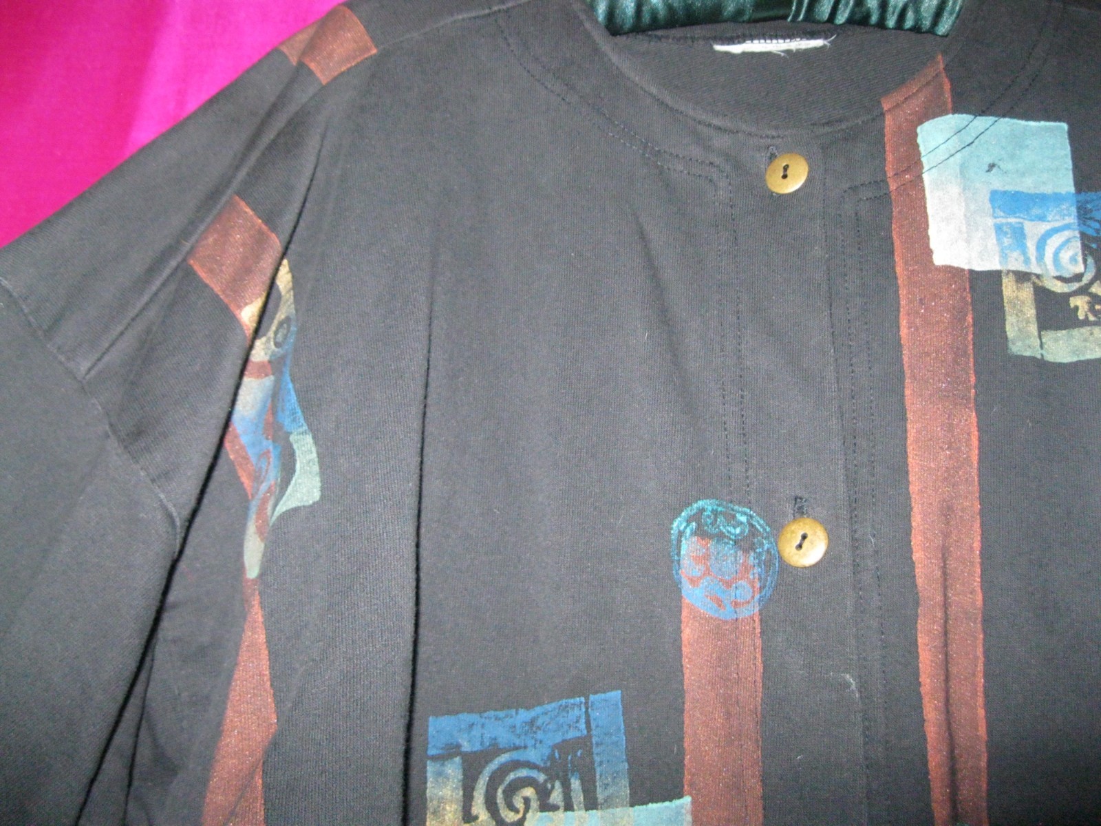 VINTAGE, BLACK COTTON JACKET, HAND PAINTED, SZ M/L, W/ FRONT POCKETS, ARTISAN