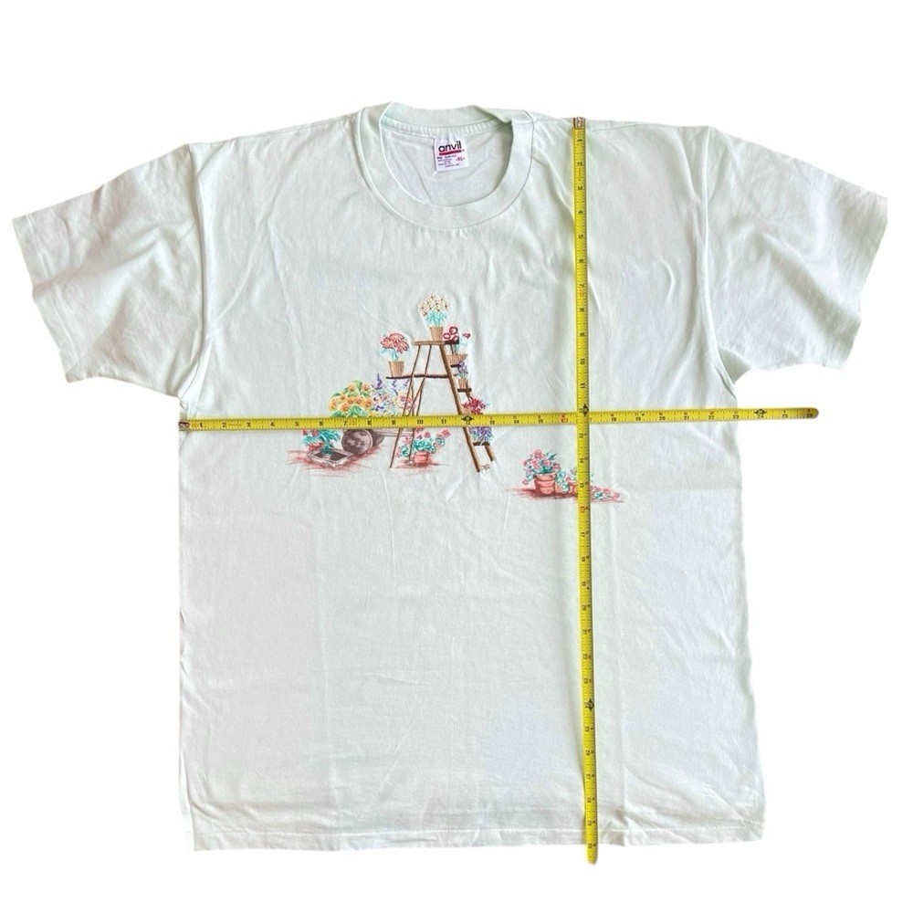 Vintage Anvil Pastel Mint Green Cotton Embroidered Flowers Tee T-Shirt XL