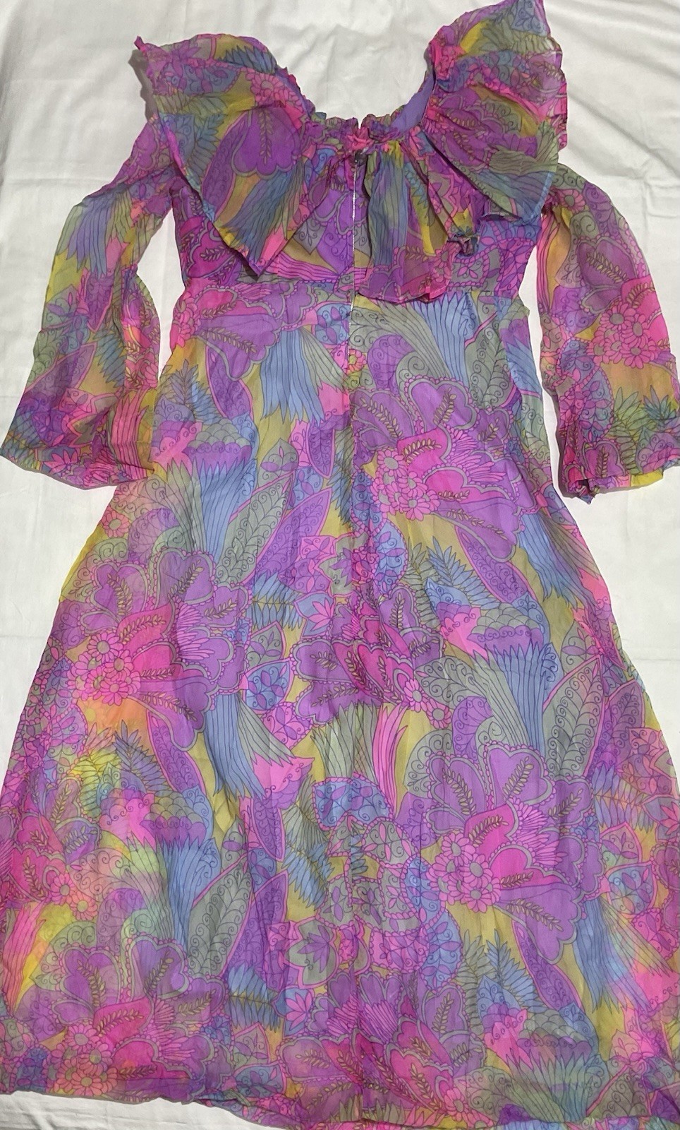 Vintage Bright Floral Maxi Dress Boho Psychedelic Handmade Ruffled