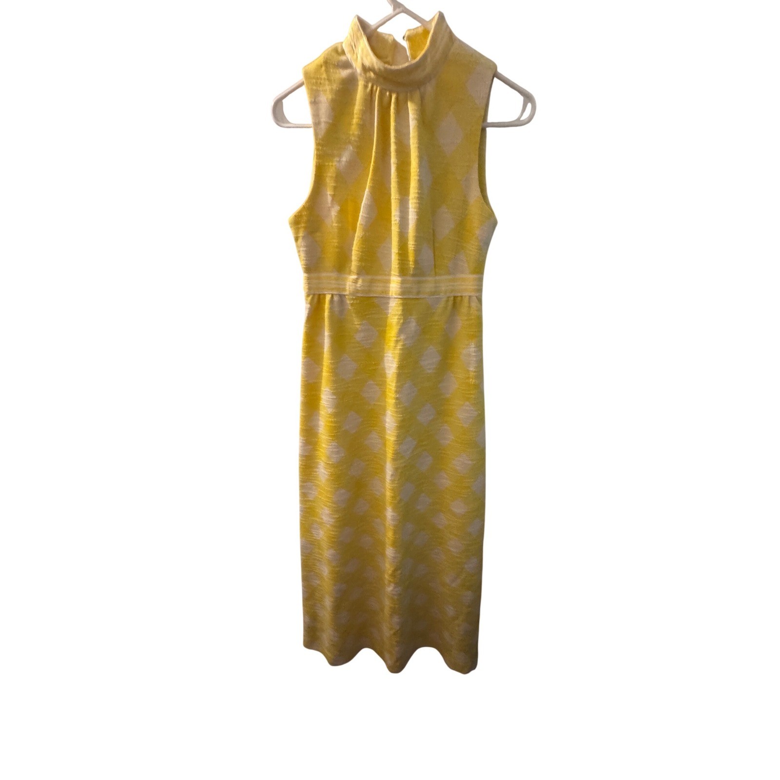 Vintage Melissa Lane Yellow White Diamond Harlequin Mock Neck Dress M