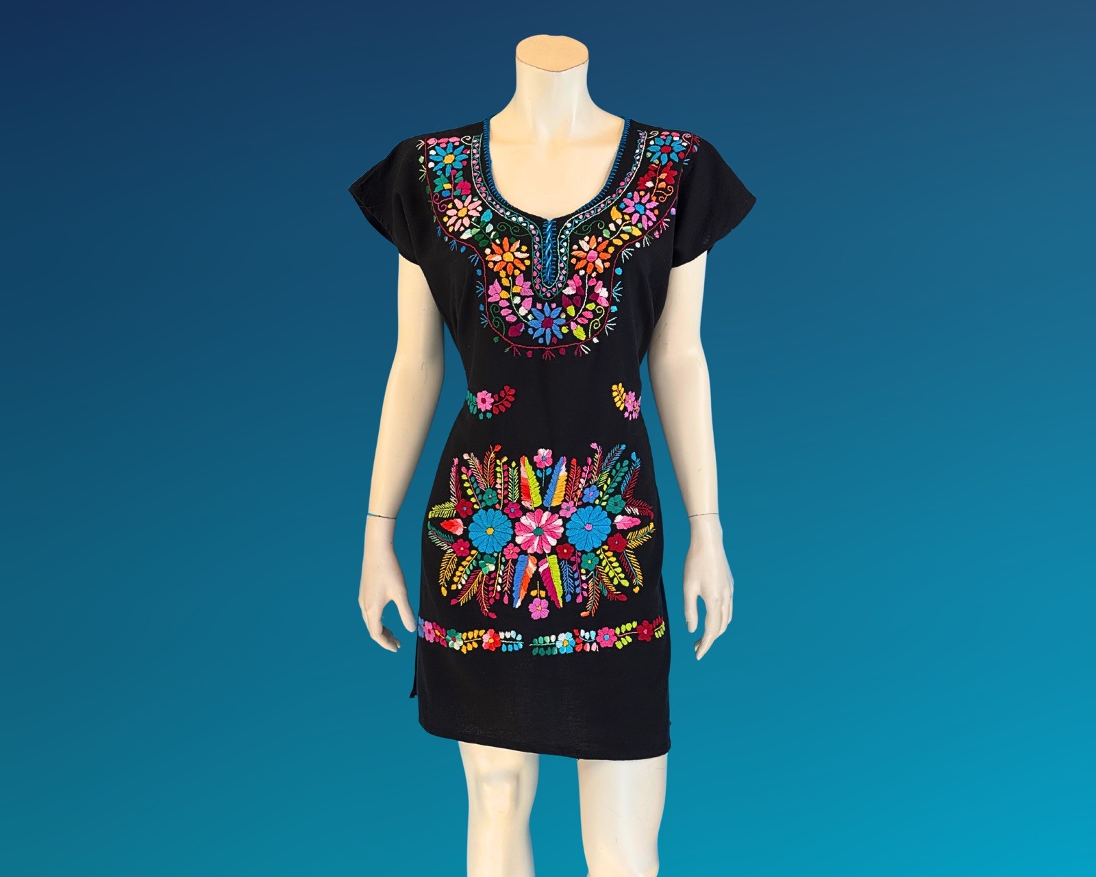 Vintage Mexican Embroidered Cotton Mini Hippie Folk Dress | M