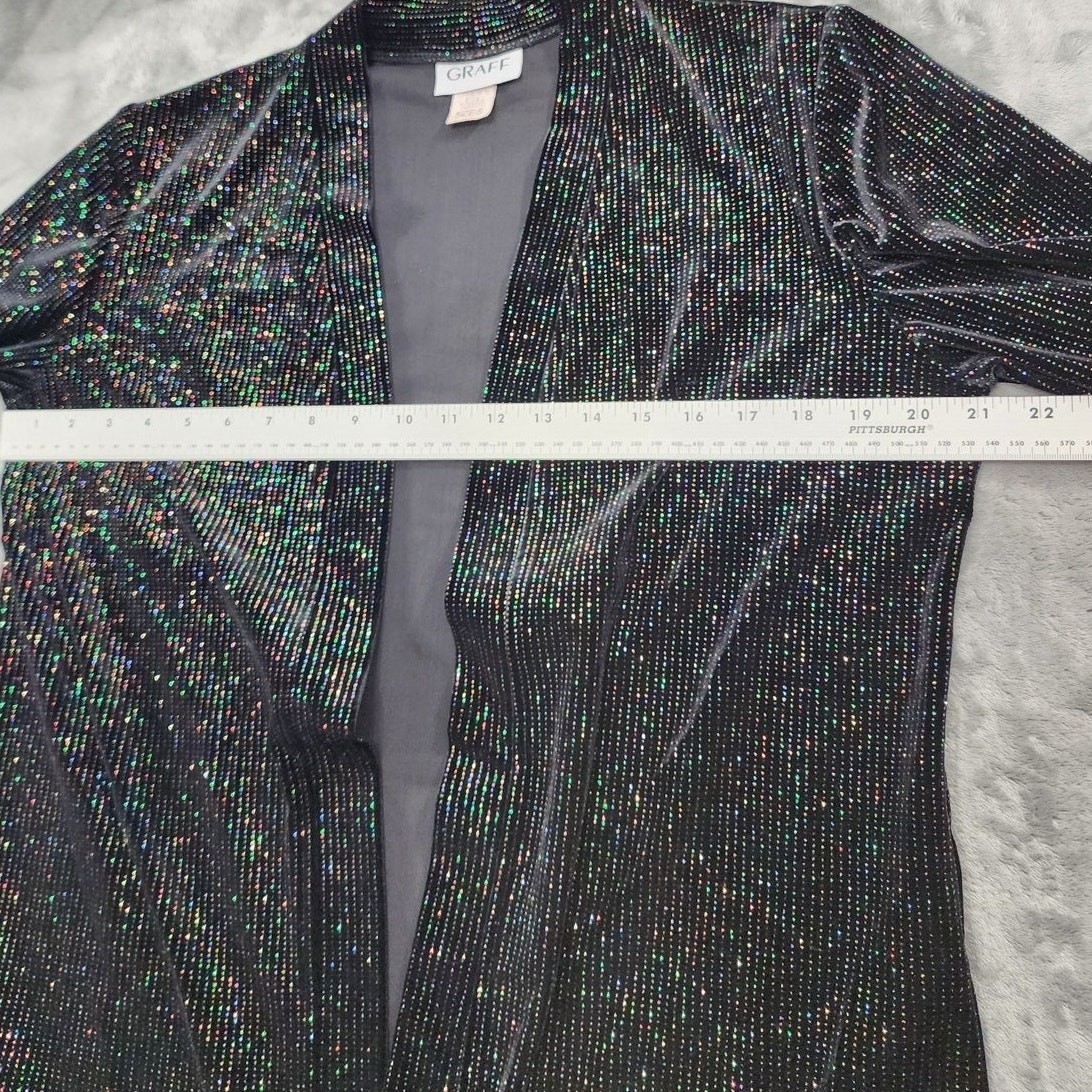 Vintage 90s Graff Jacket Womens S Black Rainbow Glitter Velvet Open Front Formal