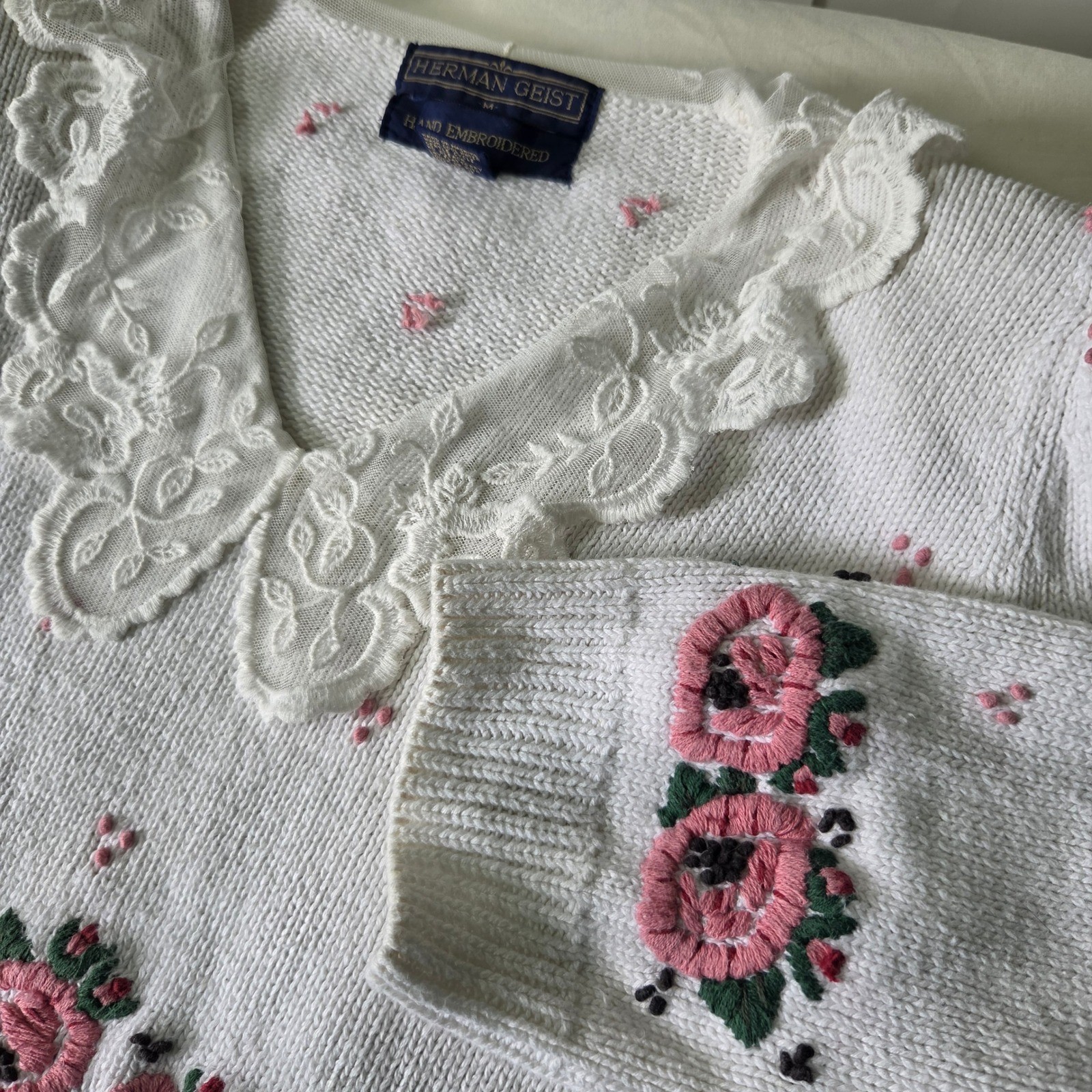 Herman Geist Vintage Hand Embroidered Floral Lace Collar Linen Cotton Sweater M