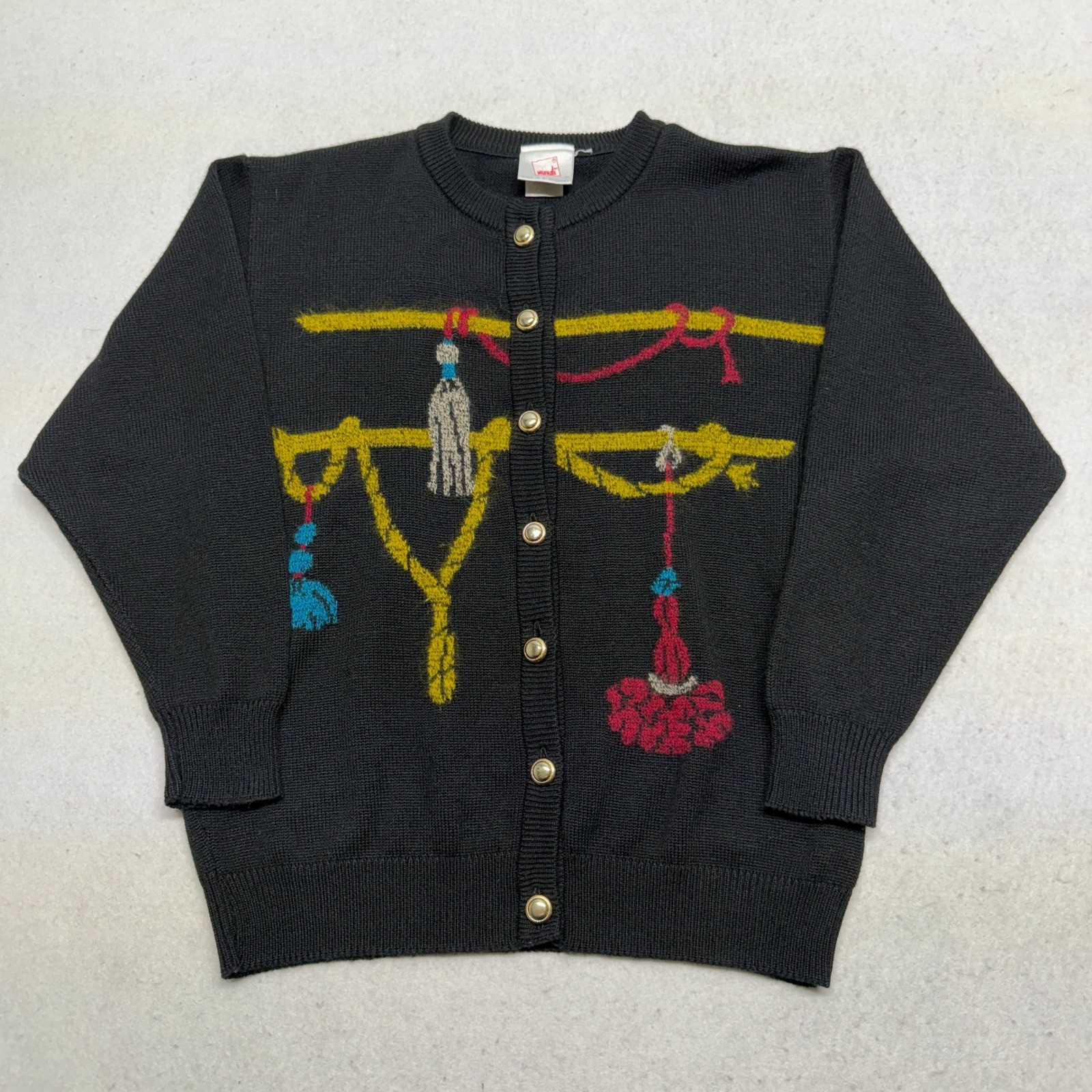 Vintage Mondi West Germany Tassel Cardigan Sweater Black Wool Blend Size 34 S