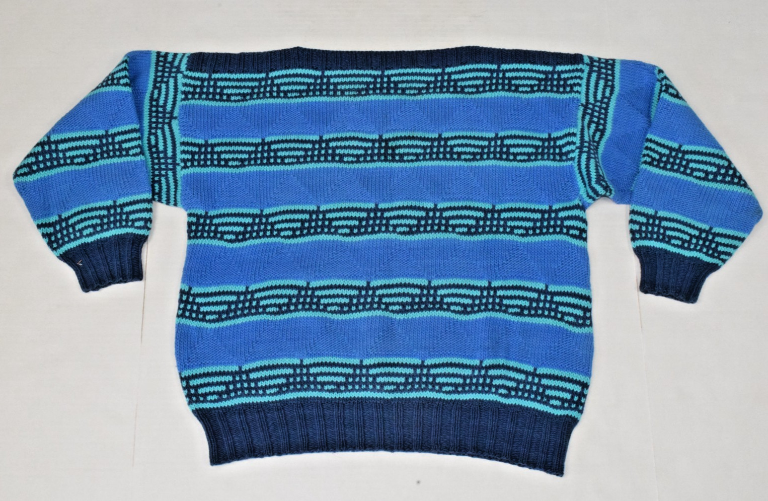 Vintage Sweater Size S 80s Blue Triangle Weave Boat Neck Wide Shoulders