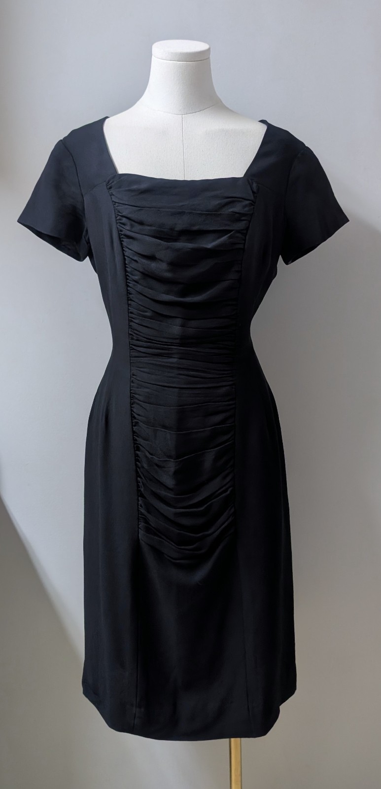 Vintage 60&rsquo;s Mr. Mike California Black Rayon Crepe Ruched Cocktail Dress S/M