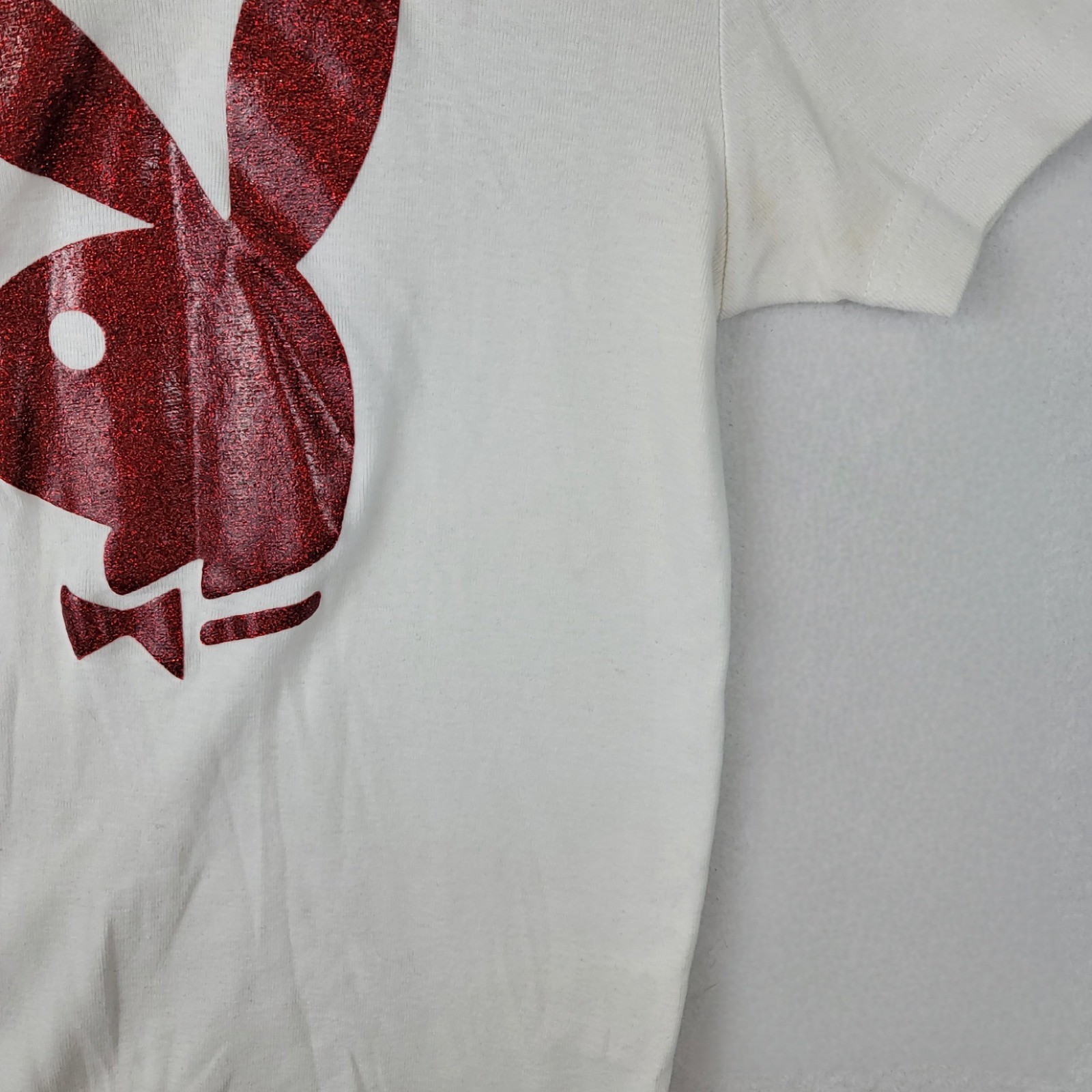 Vintage Playboy Women White Red Ringer T-Shirt Glitter Bunny Logo 25-347 Small