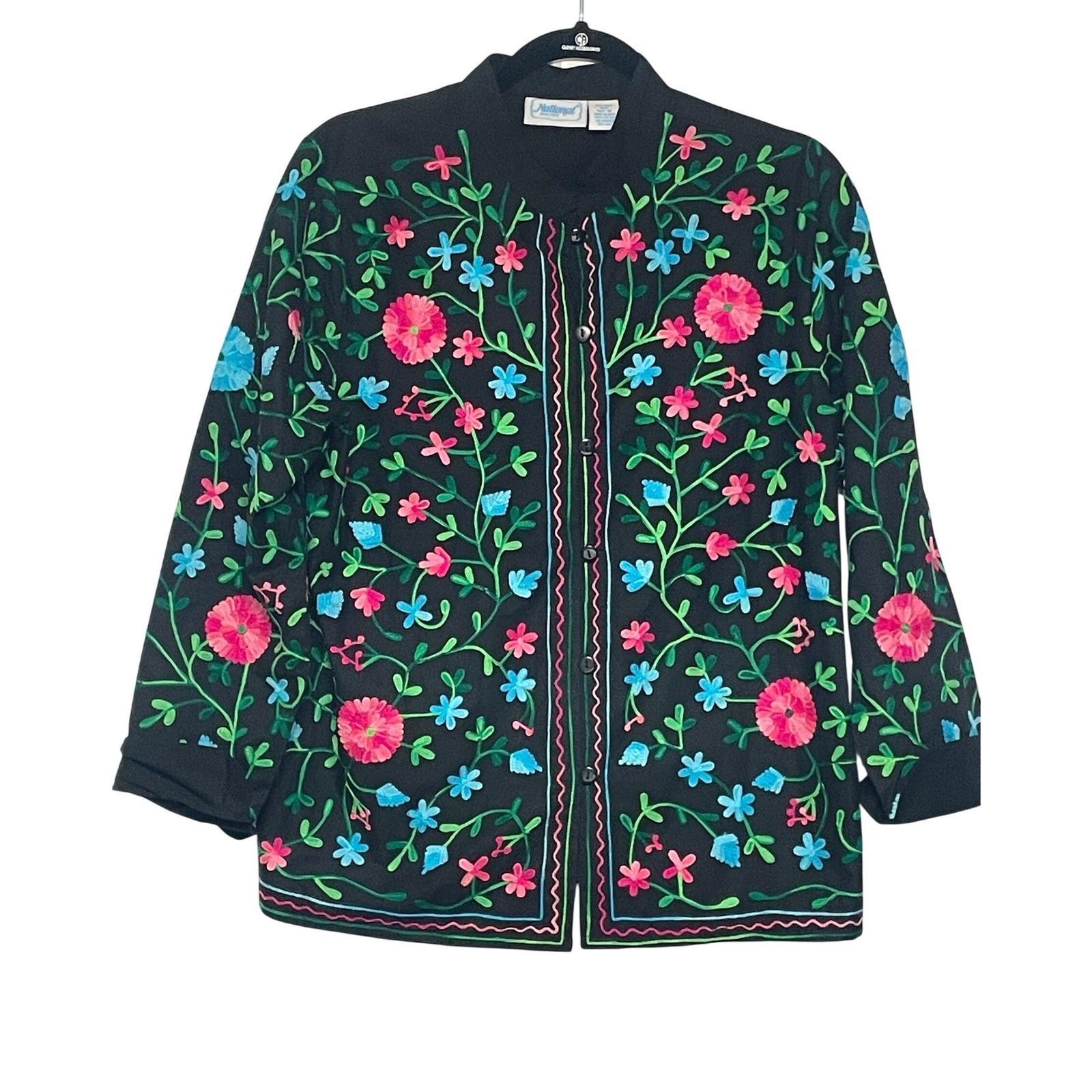 National Vintage Style Embroidered Floral Cotton Black Shirt Jacket Women&rsquo;s M