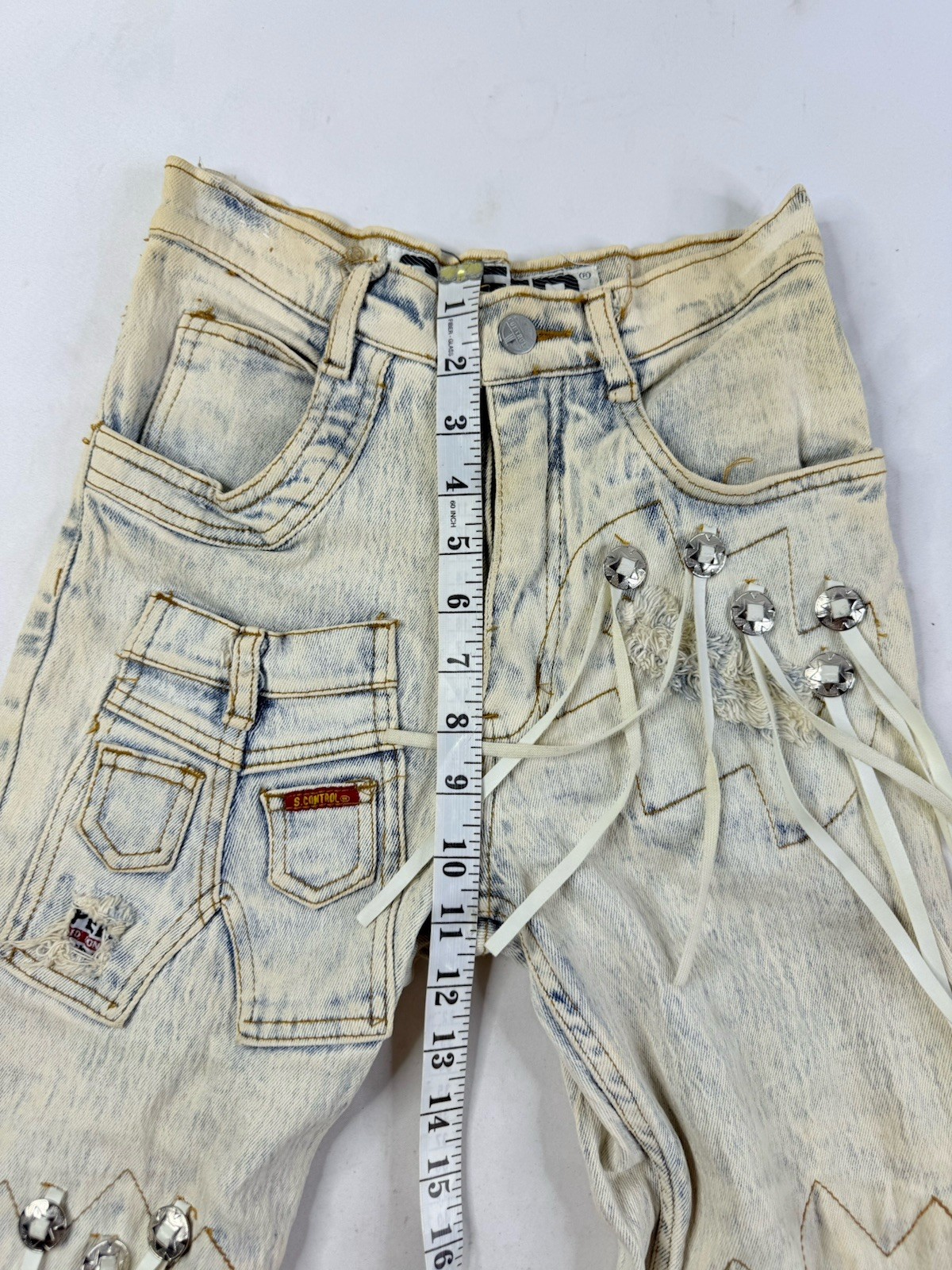 Vintage 90s Acid Stonewashed Jeans Speed Denim Sz 3/4 Frayed Patch Stretch 80s