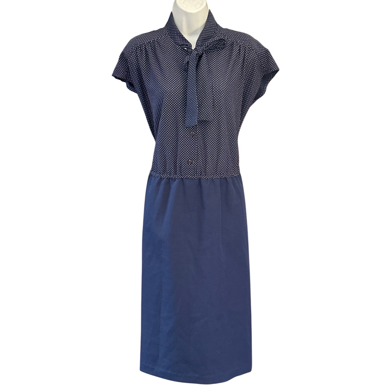 Vintage Navy White Polka Dot Dress Secretary Rockabilly Retro Coastal Chic