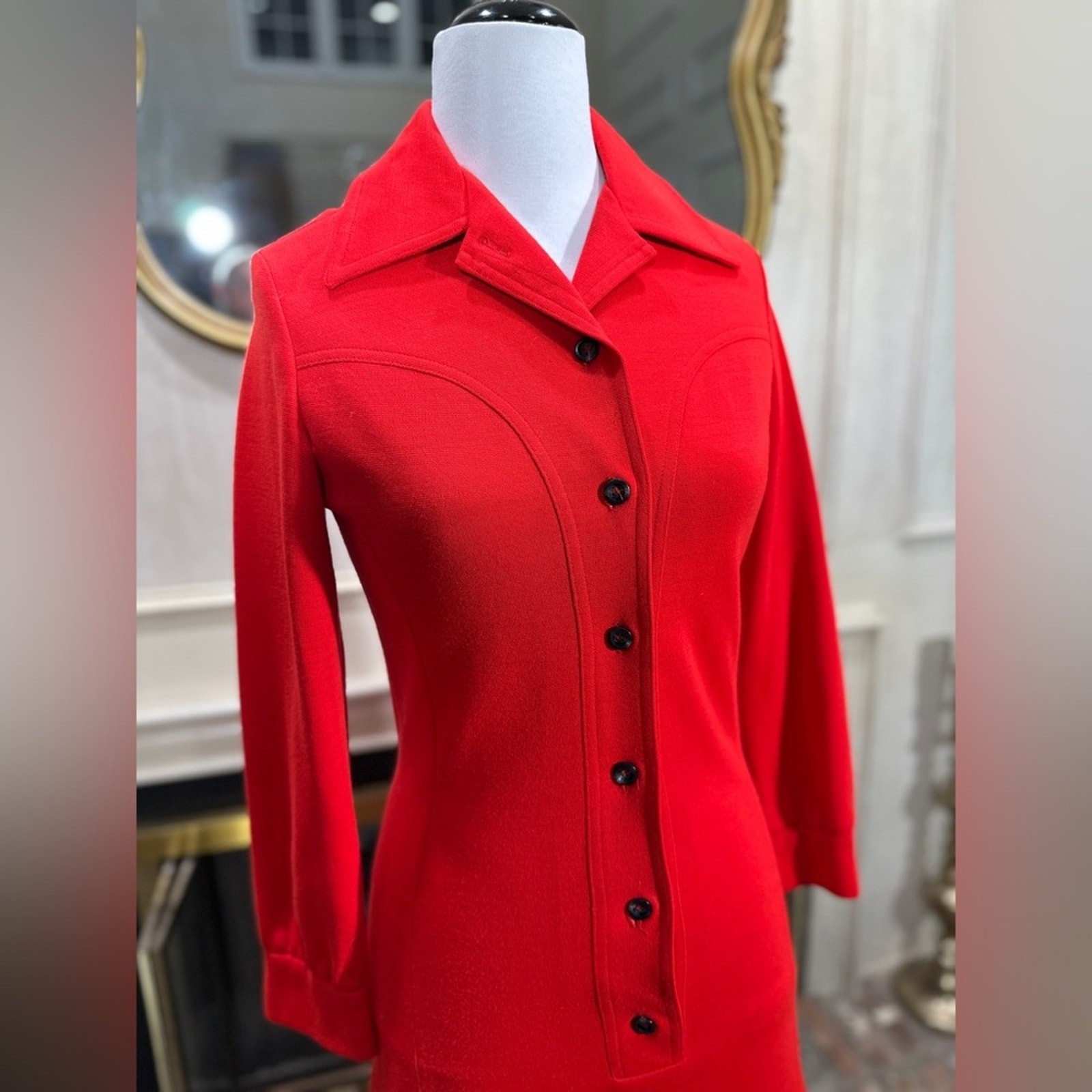 Vintage David Crystal Red Button-Front Dress Heavy Knit Collared (fits small)