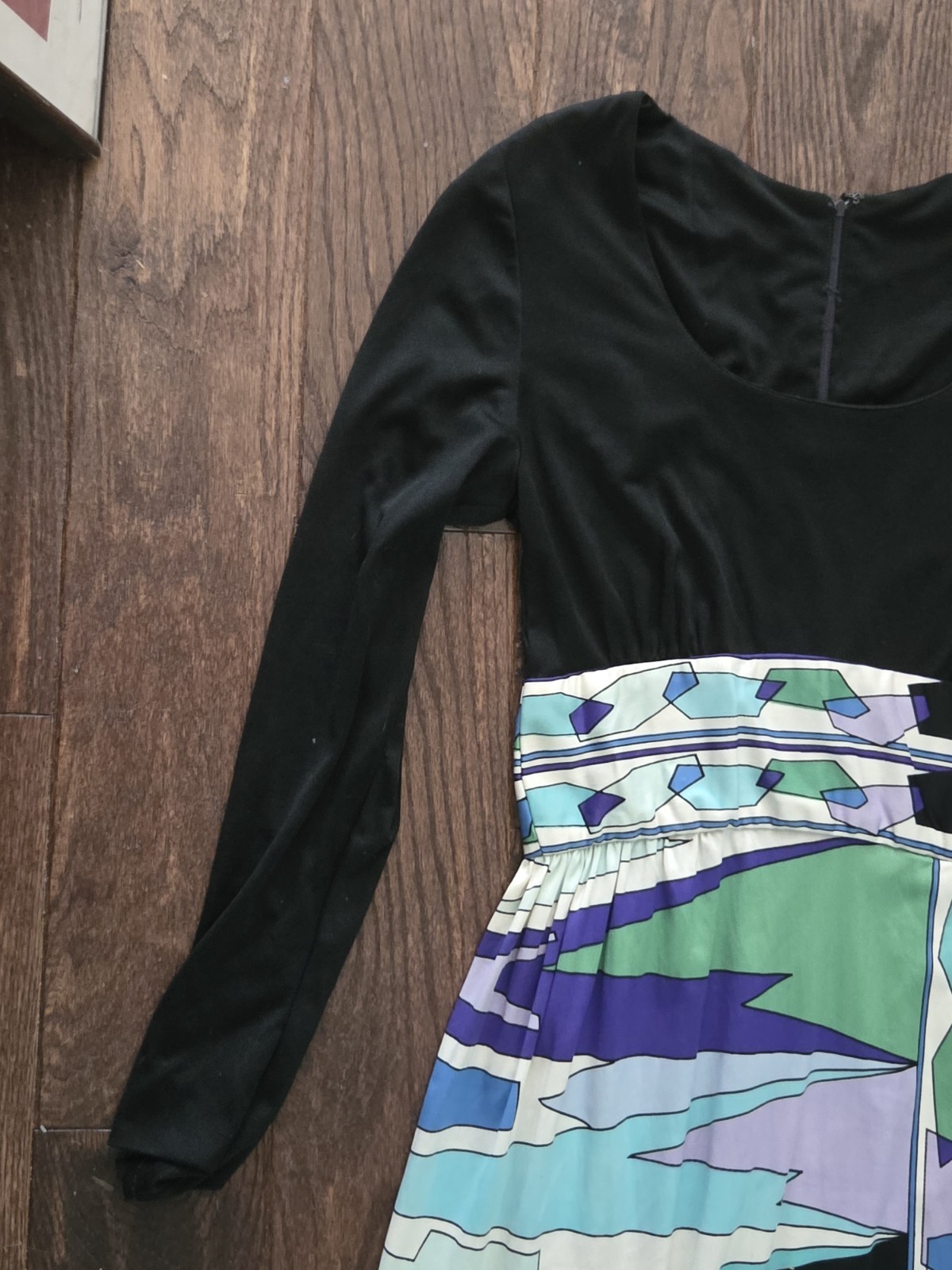 Vintage 70s Mod Maxi Dress Empire Waist Geometric Print Black Long Sleeve Boho