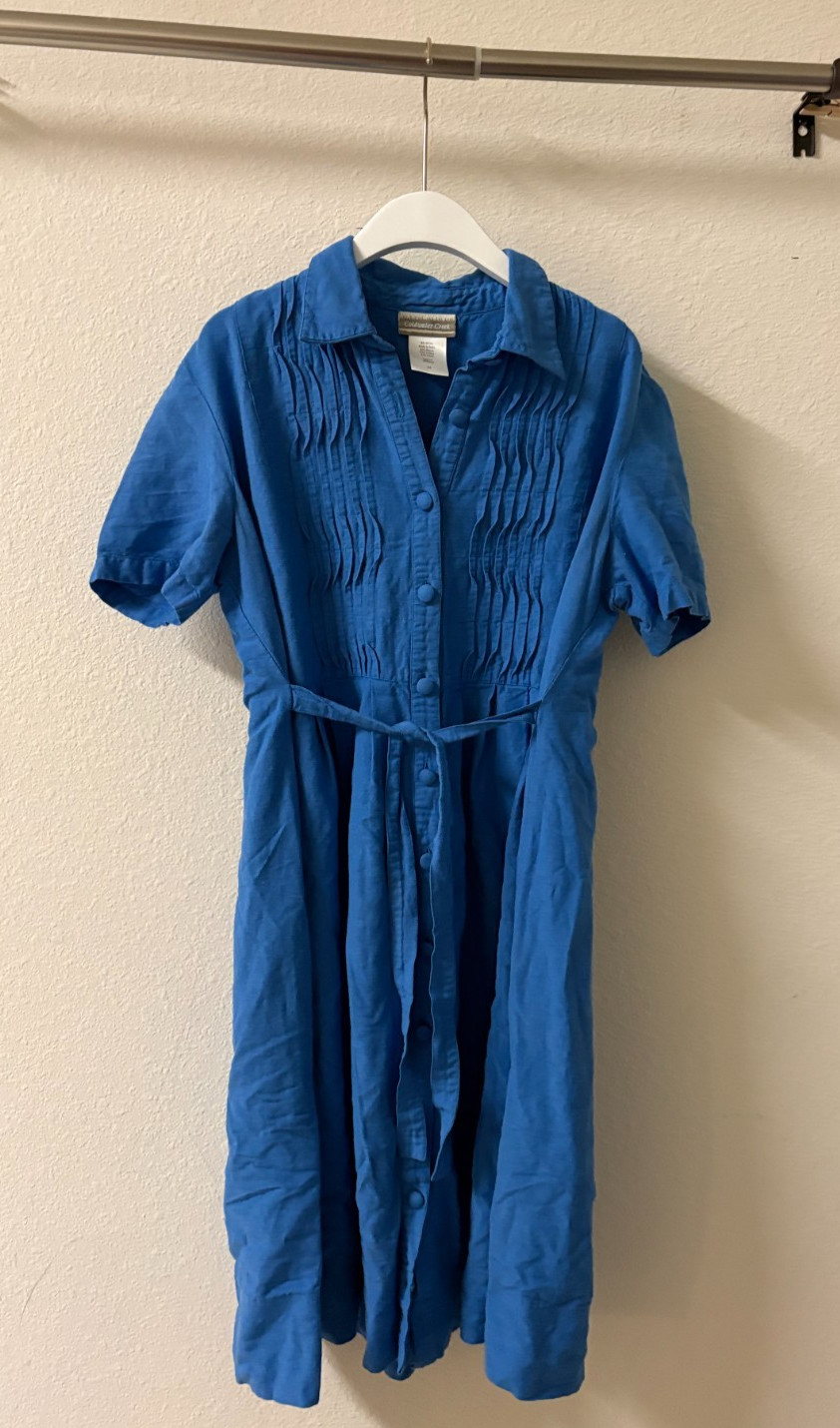 Coldwater Creek Blue Midi Dress Women&rsquo;s M Waist Tie Short Sleeve Vintage