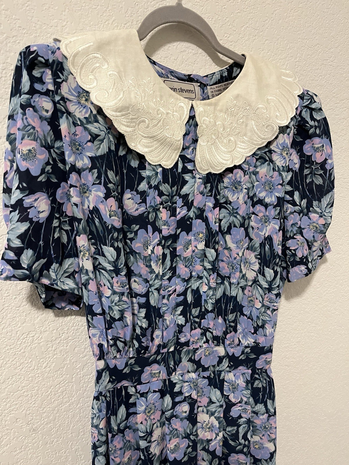 Vintage Karin Stevens Dress 14 Blue Floral Pleated Short Sleeve Cottagecore 80&rsquo;s