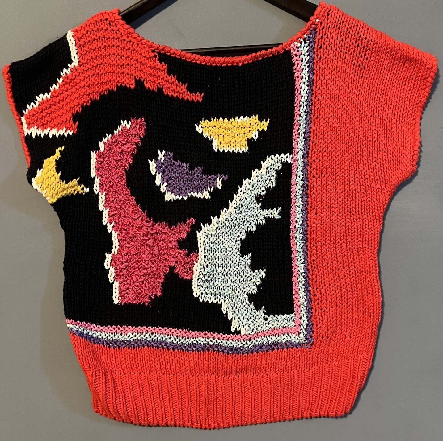 VTG Hand Made Ann Stevens Ribbon Yarn Knit Short Sleeve Cotton Ramie Sweater Lg