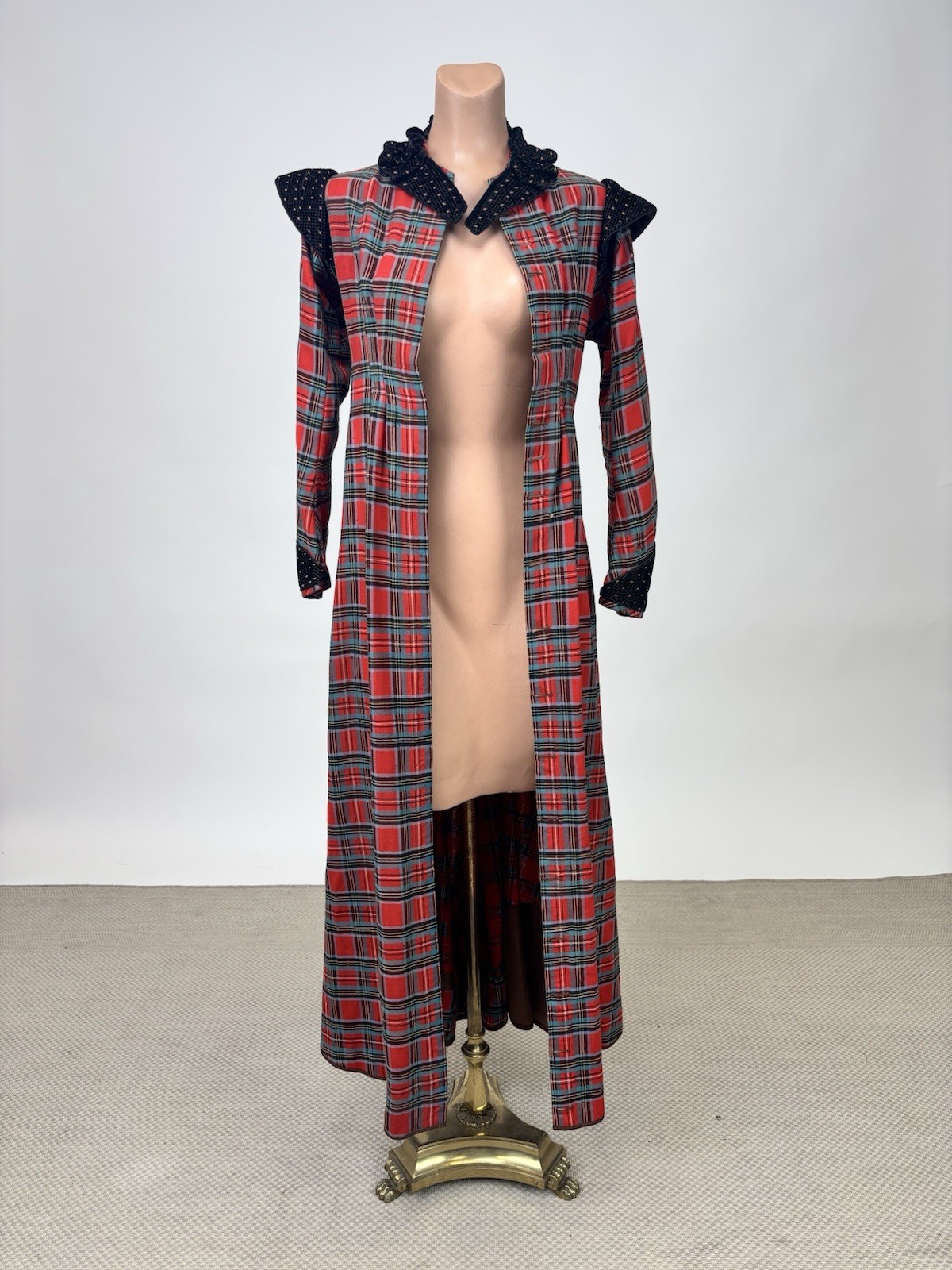 Antique Victorian Walking Coat Plaid Red Green Black Yellow Burnout Velvet AS IS