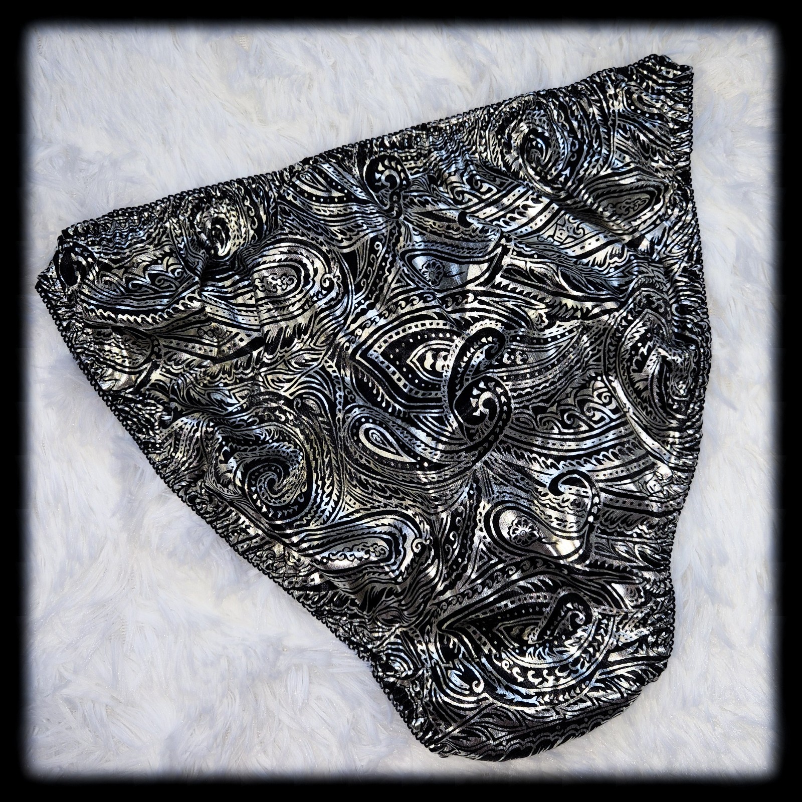 Vintage SILVER Metallic HI-RISE String Bikini PANTIES Shiny Foil Print 7/8 L-XL