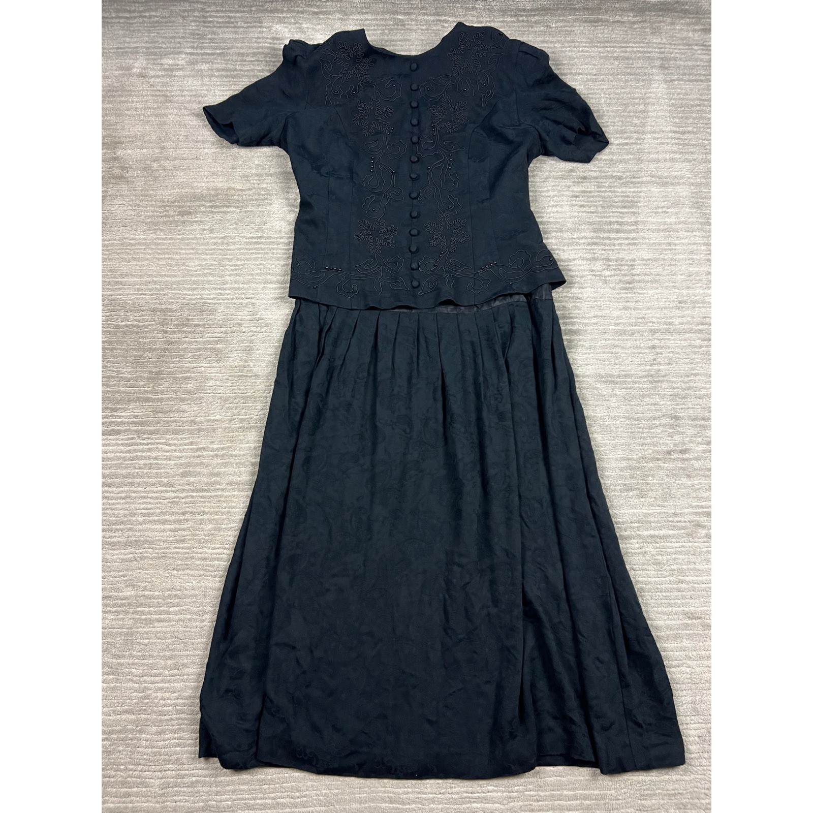 Karin Stevens Dress Women 12 Black Paisley Jacquard Soutache Beaded Vintage Midi