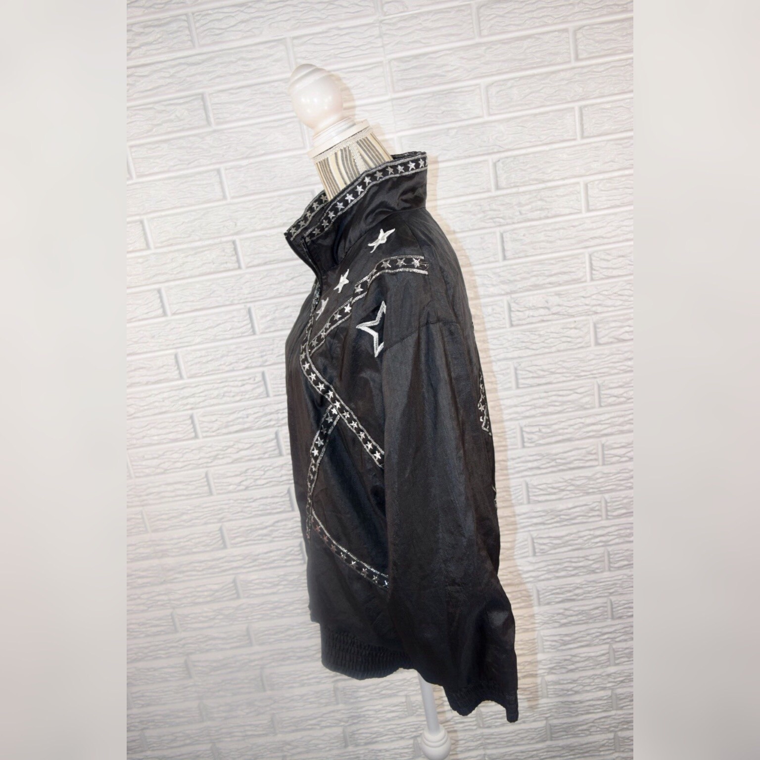 Vintage Lavon By Cheerful Corp Lightweight Black Jacket Silver Star Pattern Sz M