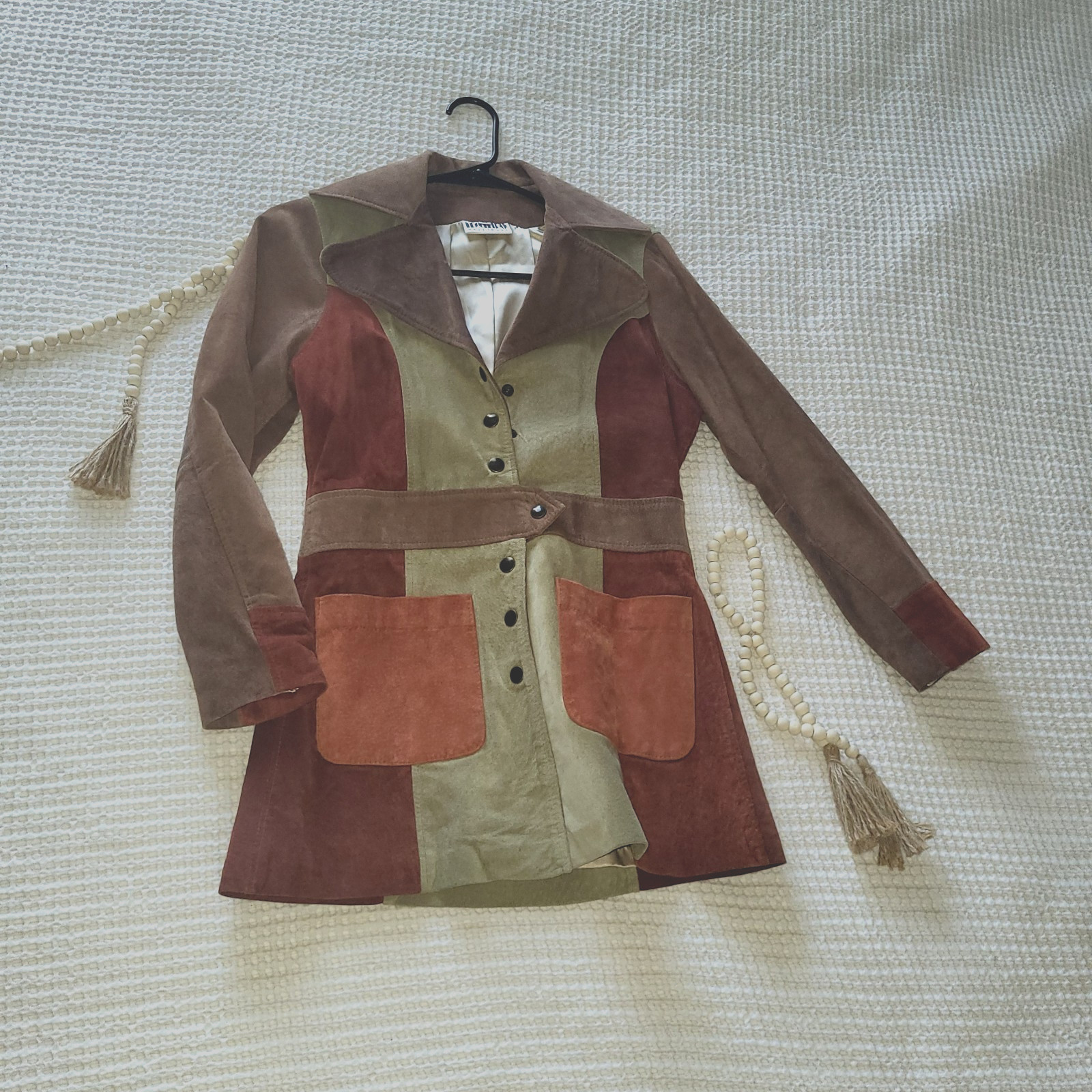 Vintage Patchwork Suede Belted Jacket Mod GoGo Zip Pockets Multicolor Size Small