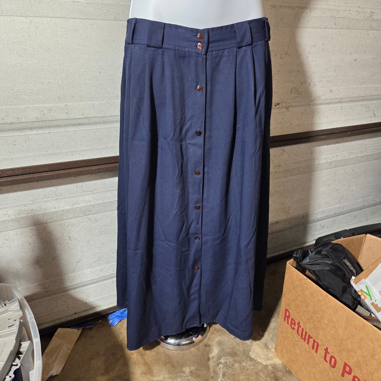 Vintage ILGWU Navy Blue Button Front Midi Skirt Union Made 13-14 Pre 1995
