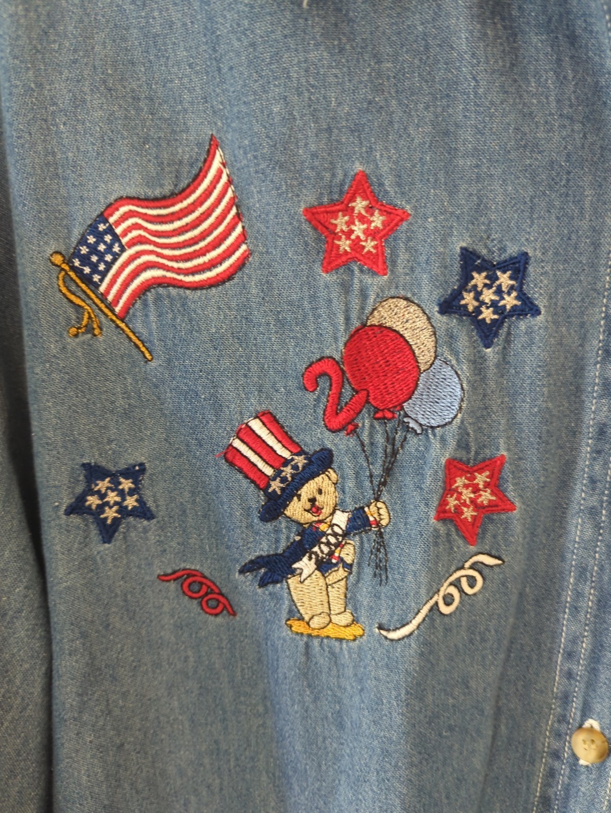 Vtg Quizz Jeans Embroidered Denim Button Up Long Sleeve Shirt Lg Patriotic USA
