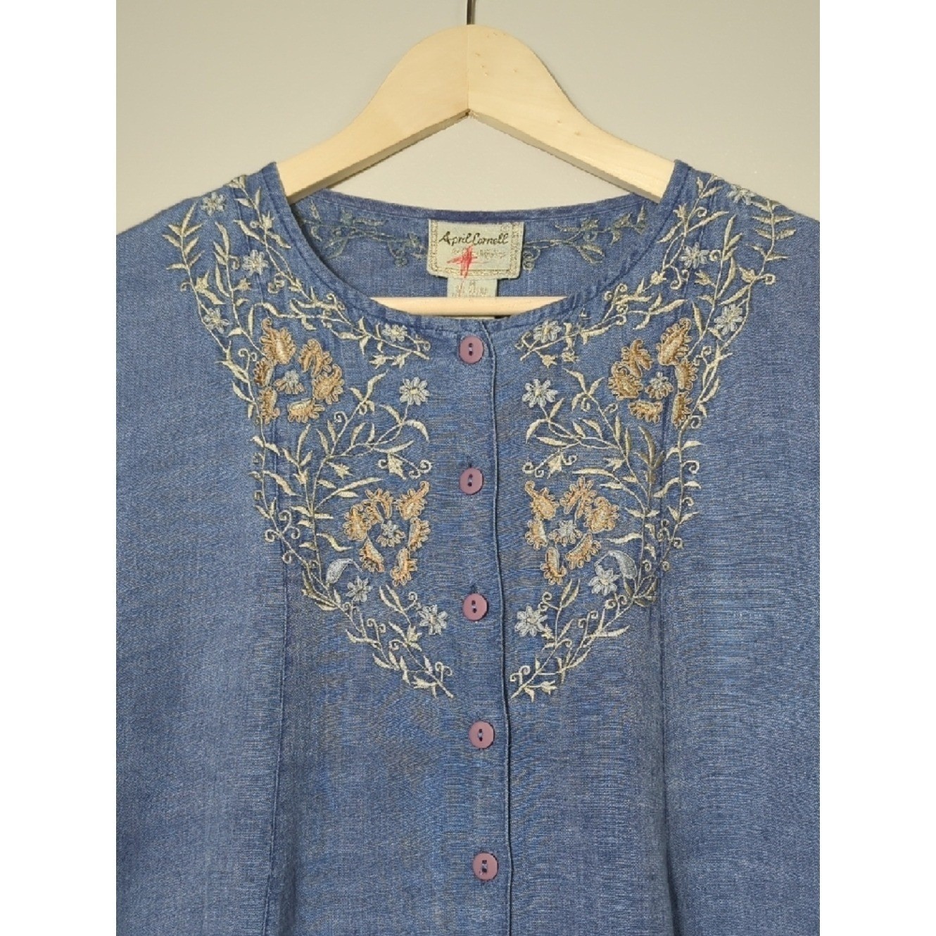 Vtg 90s April Cornell Chambray Blue Button Front Midi Dress Cottage Modest Boho
