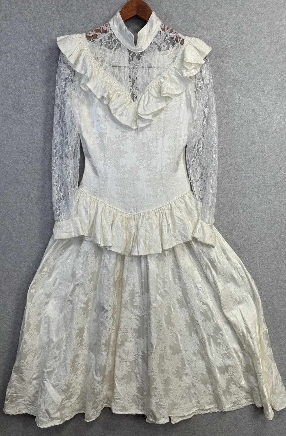 VTG 80s Roper Rustic Ivory Lace Jacquard Prairie Victorian Dress Womens 5/6 USA