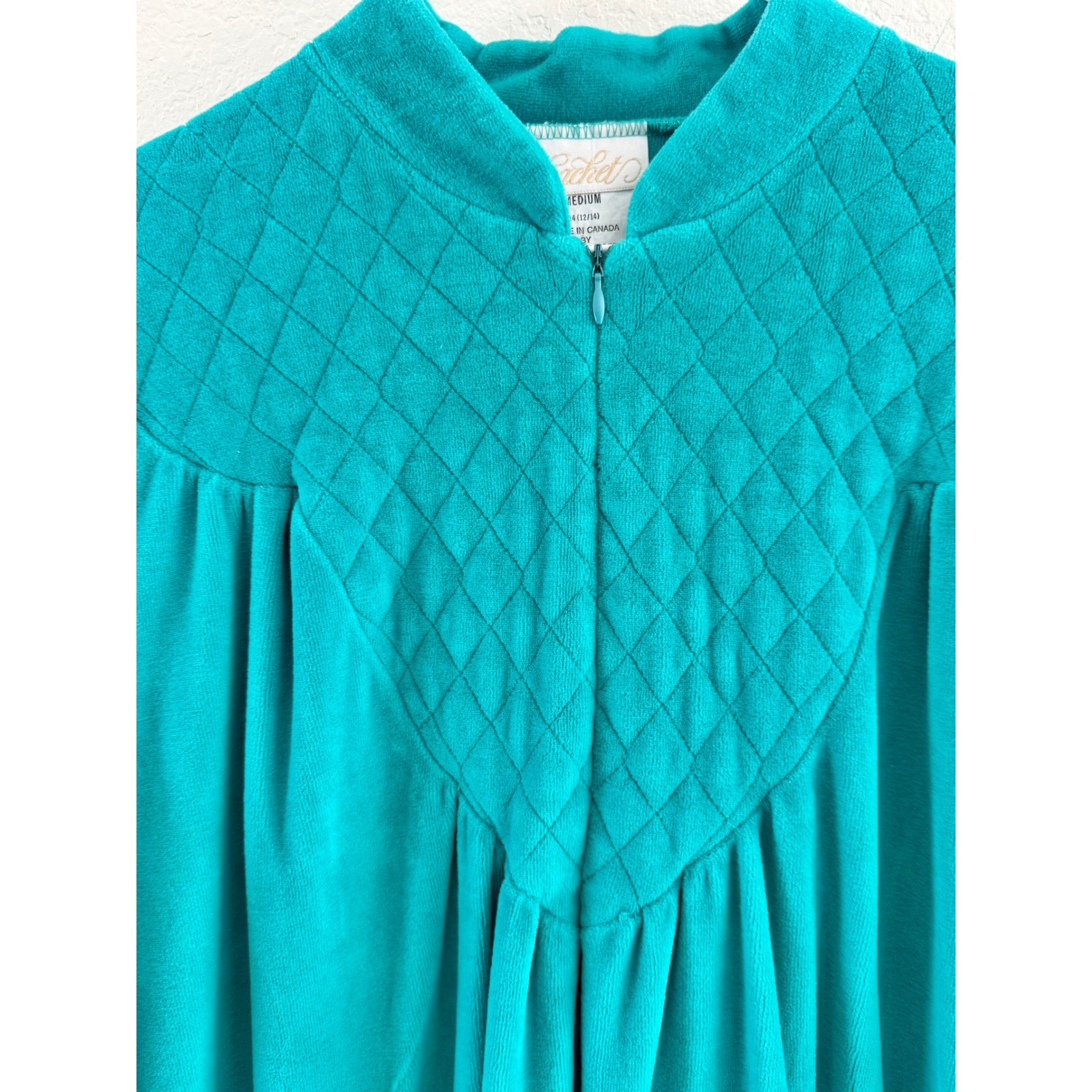 Cachet Robe Womens Medium Teal Vintage Quilted Velour Long Sleeve Housecoat Zip