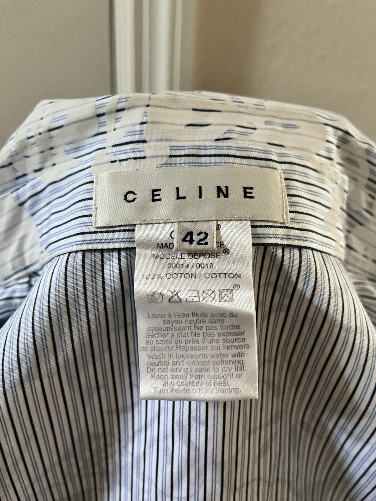 Vintage CELINE Floral & Striped Button-Up Long Sleeve Shirt, Size 42, Signed