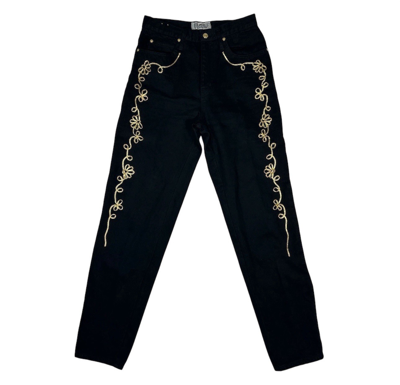 VTG 90s Basic Blues Black High Waisted Mom Jeans Gold Floral Embroidery Size 9